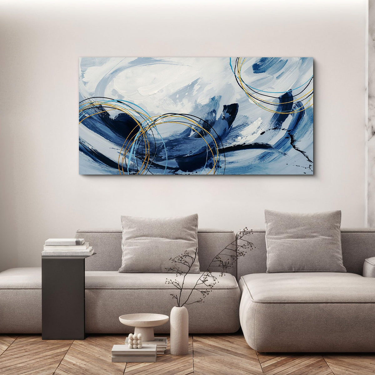 yiijeah Large Canvas Wall Art for Living Room - Blue and White Abstract Picture Framed Artwork for Walls Bohemian Minimalism Prints Paintsings Wall Decor for Office Bedroom 48x24 Inches