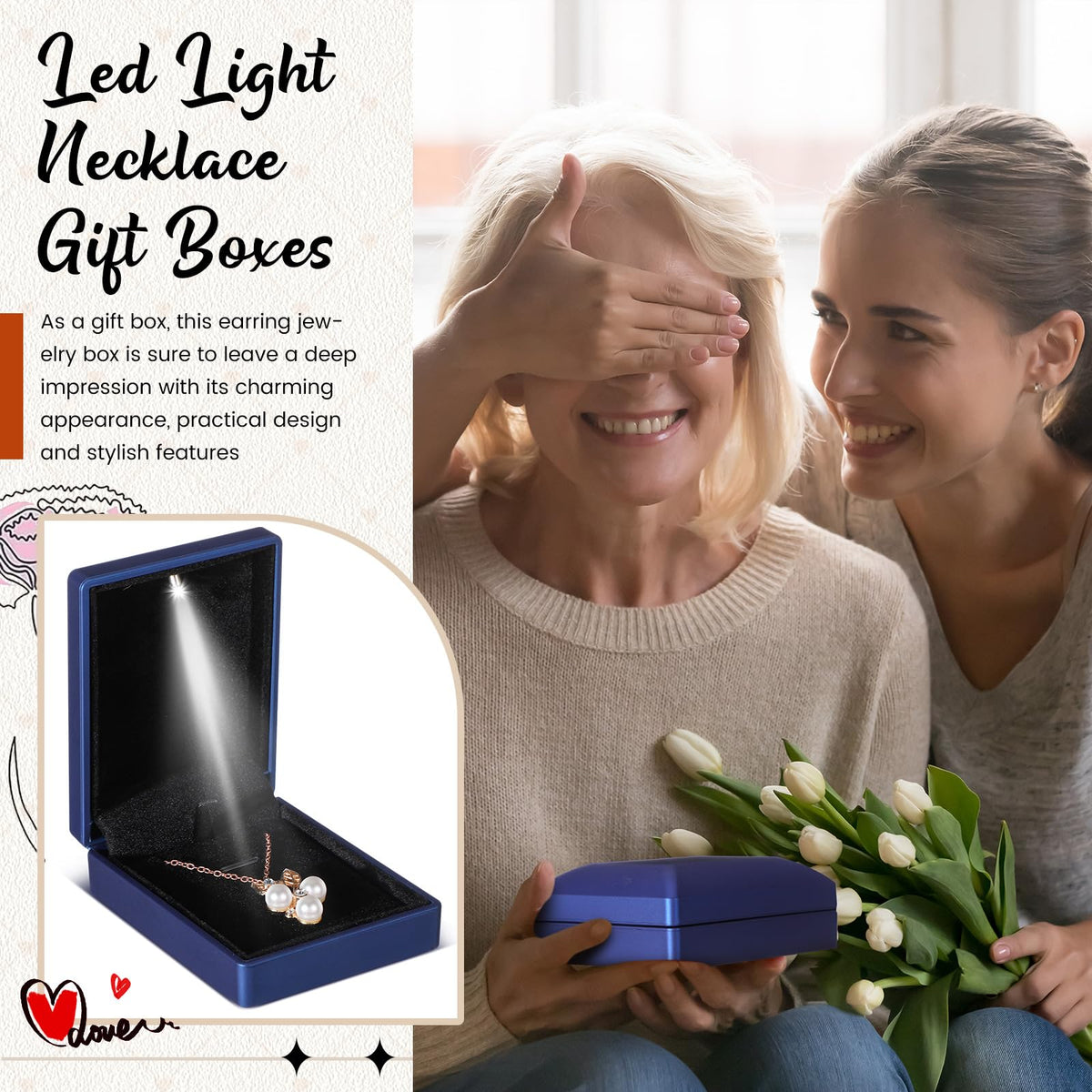 Landical 10 Pcs Pendant Necklace Box with LED Light Velvet Necklace Case for Pendant Bracelet Ring Earring, Jewelry Storage(Blue)