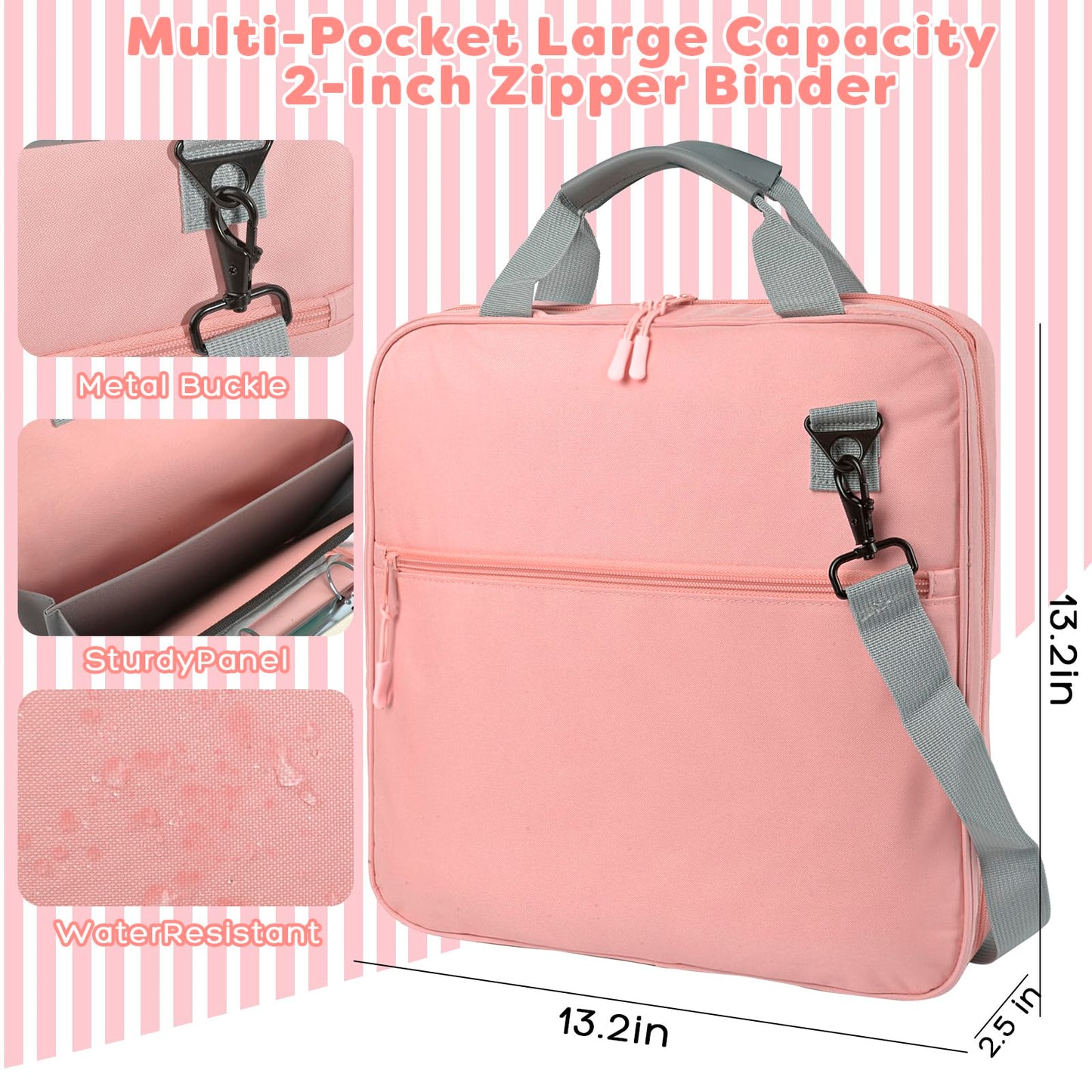 ChezMax Zipper Binder 3 Ring with Lunch Box - Zipper Binder Organizer Bag with Shoulder Strap & Handle, 2 Inch O Ring Binders, Large 500 Sheet Capacity & Multi-Pocket Binders Bag Organizer, Pink