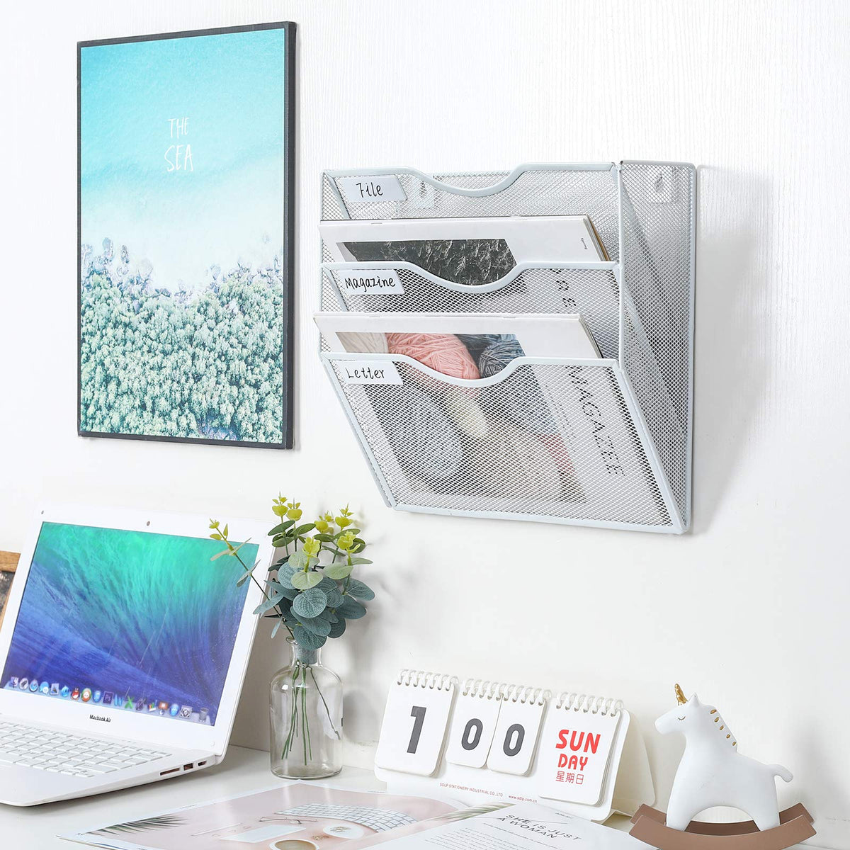 PAG Hanging Wall File Holder Mail Organizer Wall Mount Document Letter Rack, 3-Tier, White