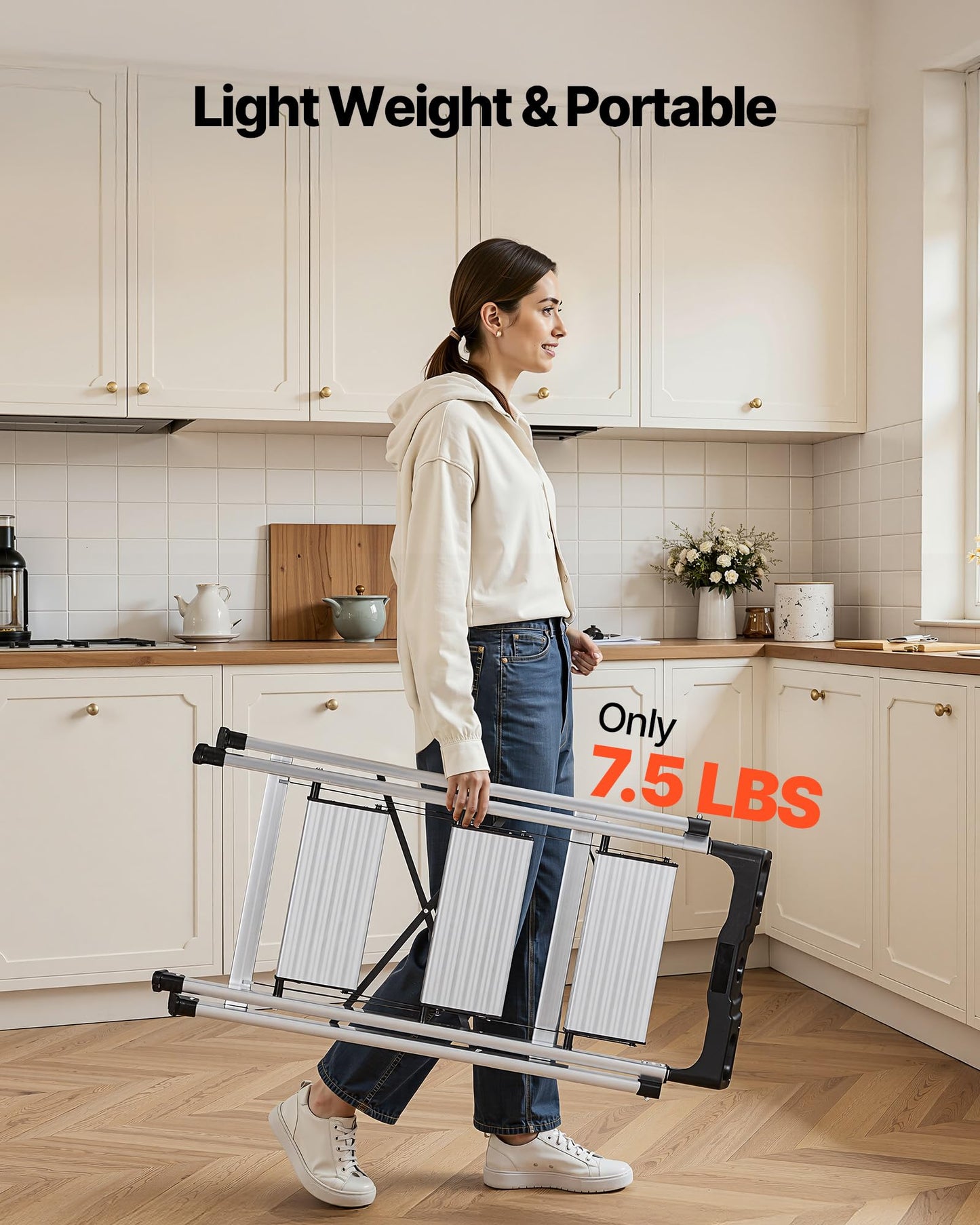 VEVOR 3 Step Ladder, Folding Step Stool with Wide Anti-Slip Pedal and Comfort Handgrip, 330 lbs Capacity Portable Aluminum Stepladder, Multi-Use for Kitchen, Warehouse, Household and Office, Silver