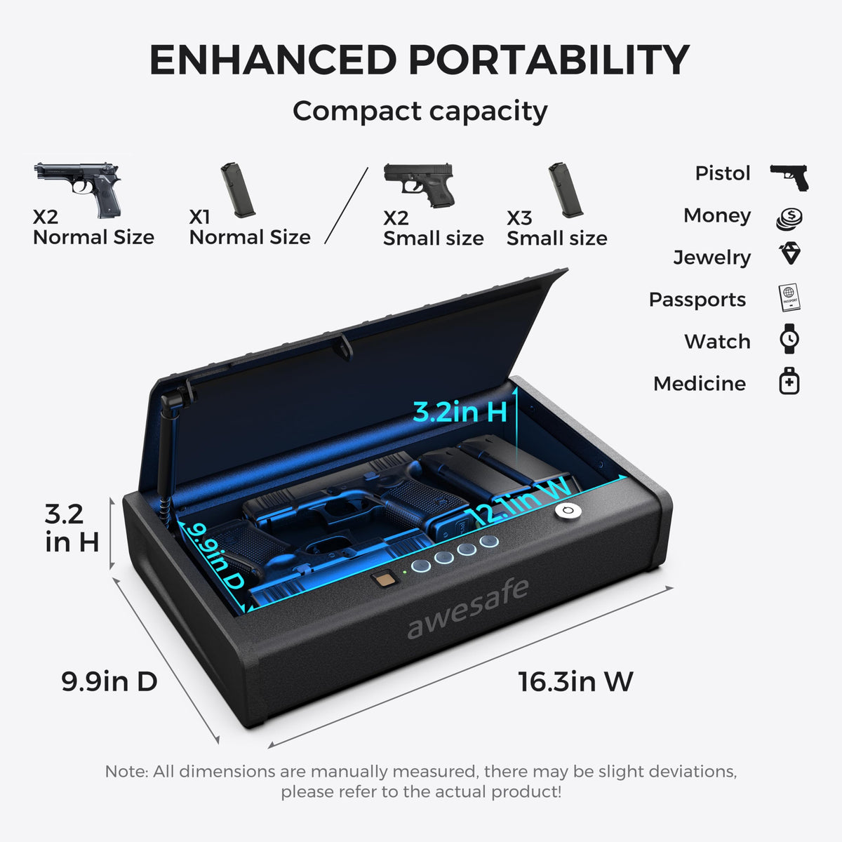 awesafe Biometric Gun Safe for Pistol, 3 Ways Quick Access with Fingerprint Digital PIN Key, Portable Handgun Safe for Nightstand Bedside Cloakroom Living Room (XL Biometric Gun Safe with Fingerprint)