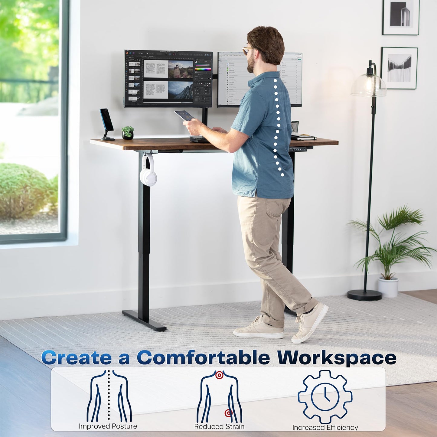 VIVO Electric 60 x 24 in Rustic Standing Desk, Memory Height Adjustment, 1B Series, Holds 220 lbs, One-Piece Vintage Brown Top, Black Frame, DESK-KIT-1B6N