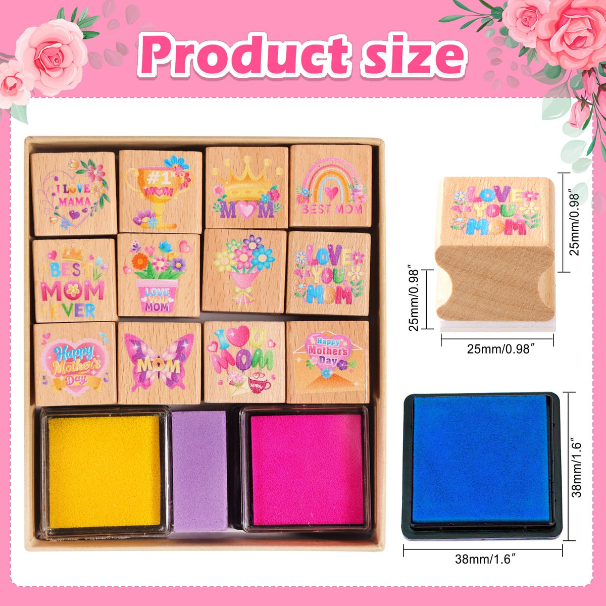 HOWAF 12pcs Mother's Day Wooden Stamps, Happy Mother's Day Rubber Stamps for Crafting, Best Mom Craft Inking Stamp Pads Set for Crafting and DIY Scrapbooking Card Making Hand Book