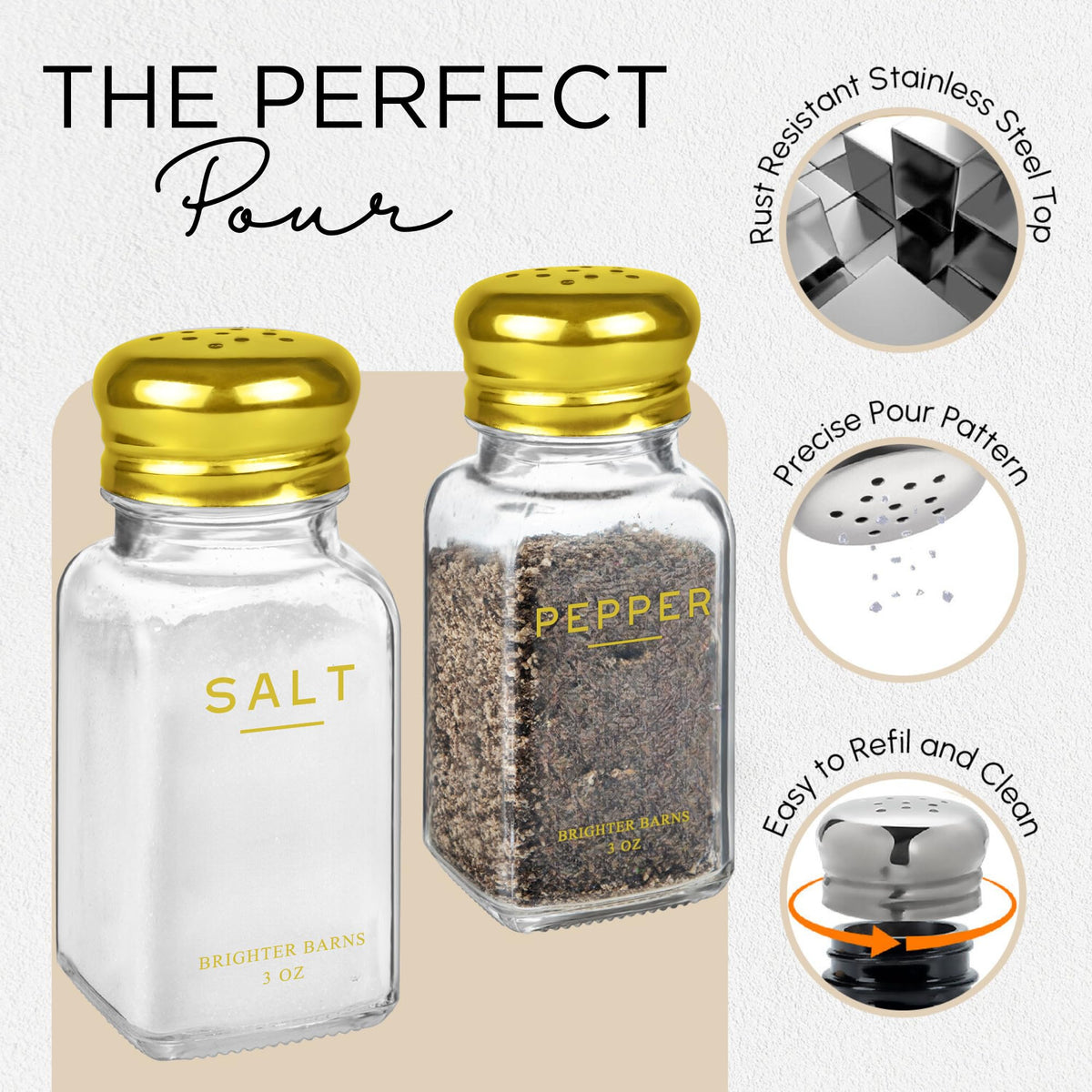 Gold Salt and Pepper Shakers Set by Brighter Barns - Gold Kitchen Decor & Accessories - Neutral Minimal Decor - Modern Glass Shakers with Stainless Steel Lids for Home, Restaurants