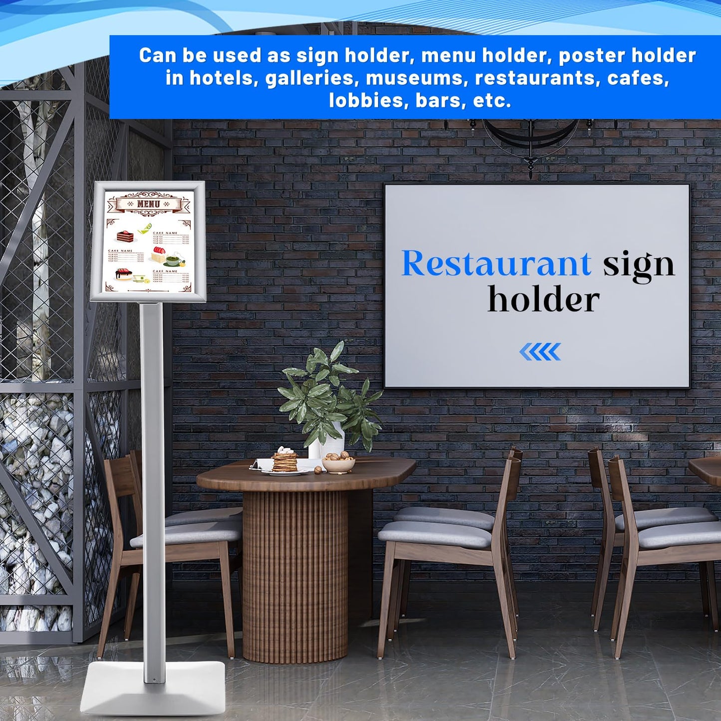 Adjustable Displays Curved Menu Board Heavy Duty Pedestal Sign Floor Standing Aluminum Front Loading Easy Open Poster Message Advertisement Holder for Restaurant Cafe Hotel(Silver,8.5 x 11 Inches)