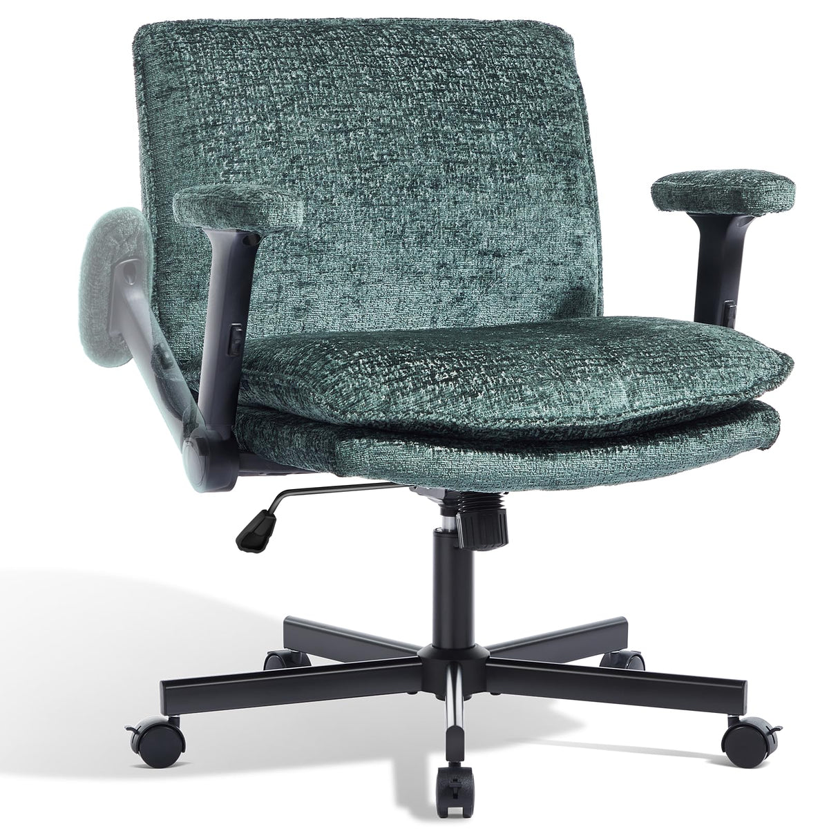 Morkprism Criss Cross Chair with Flip-Up Arms and Lockable Wheels, Plush Fabric Cross Legged Office Desk Chair,Wider 125°Tilting Adjustable Swivel Computer Chair for Home, Apartment, Bedroom,Green