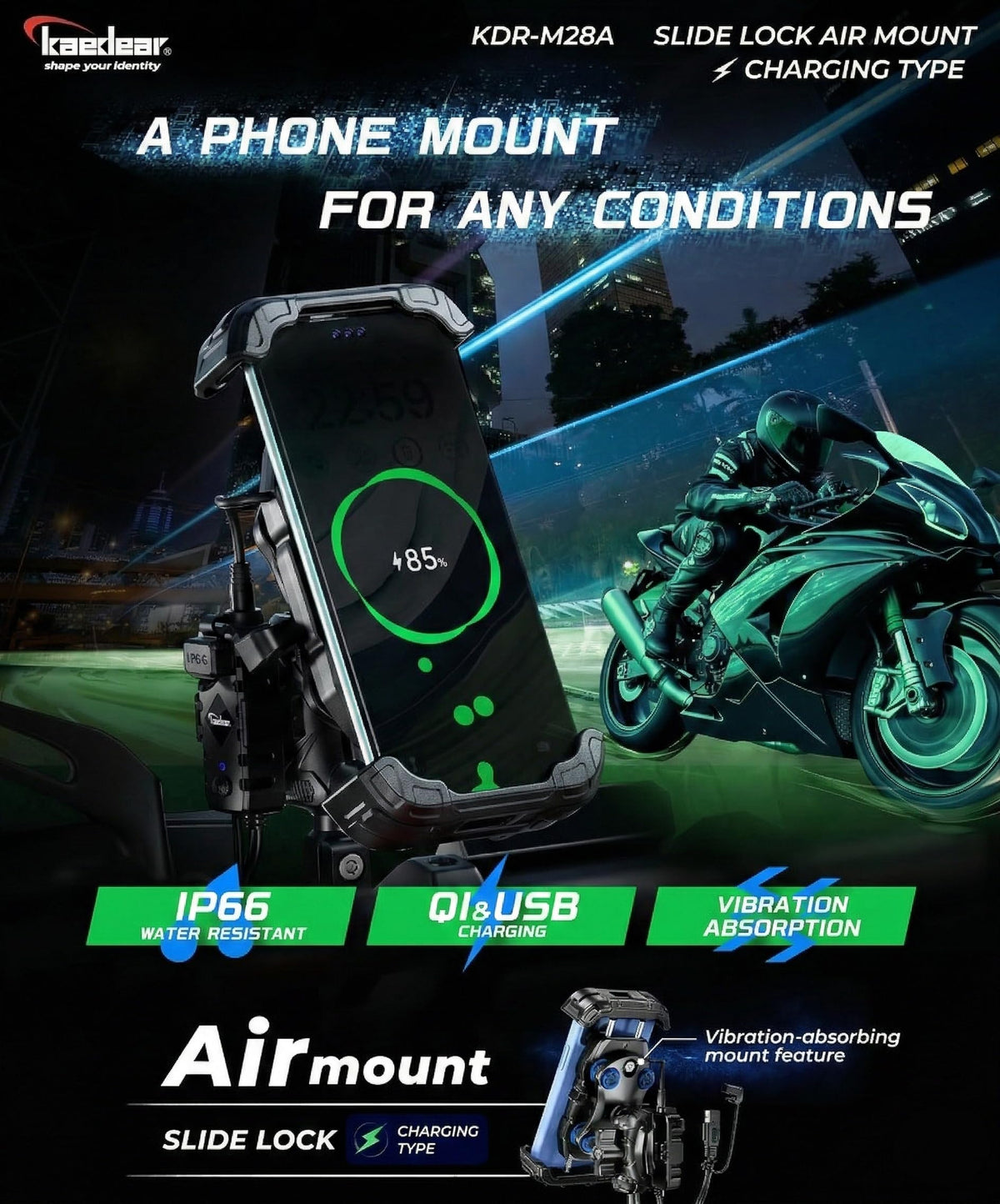 Kaedear Motorcycle Smartphone Holder, Air Mount Vibration Absorption, QI & USB Charging, Fast Wireless Charging, IP66 Waterproof, Quick Release, Locking System, Air Mount, Slide Lock KDR-M28A