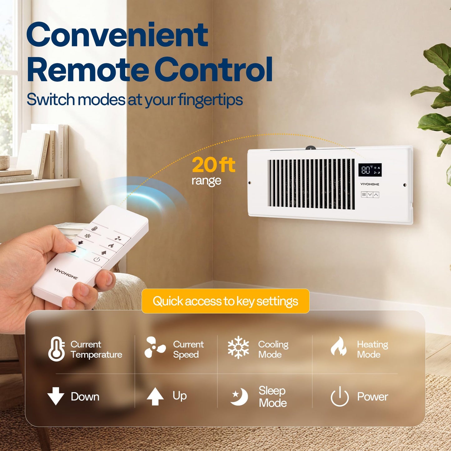 VIVOHOME Quiet Register Booster Fan with Opening 4" x 12" - Smart Thermostat, 10-Speed Control, Removable Dust-proof Mesh & Register Blocker, White