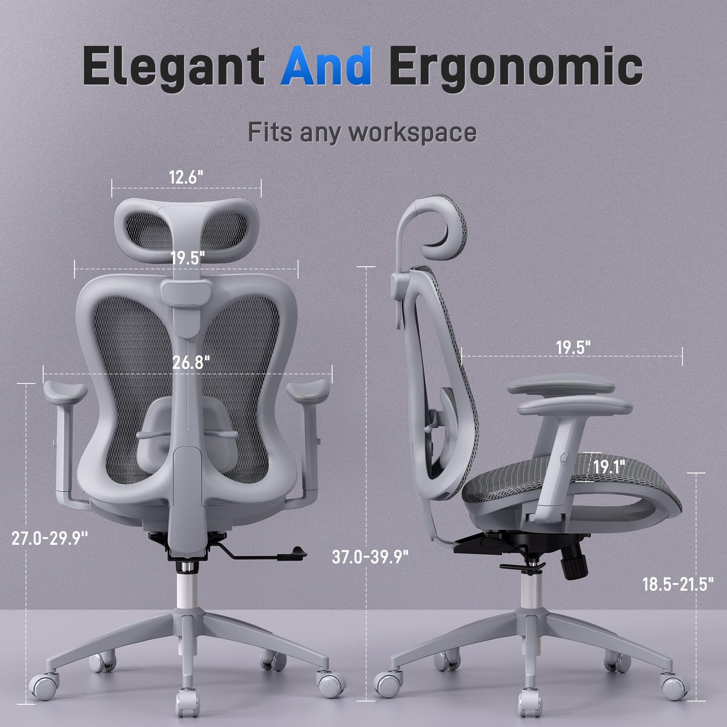 amseatec Ergonomic Office Desk Chair, Comfortable Computer Gaming Chair, Breathable Mesh Back & Seat, Adjustable Armrest & Headrest, Lumbar Support, Butterfly Design for Home Office, Gray