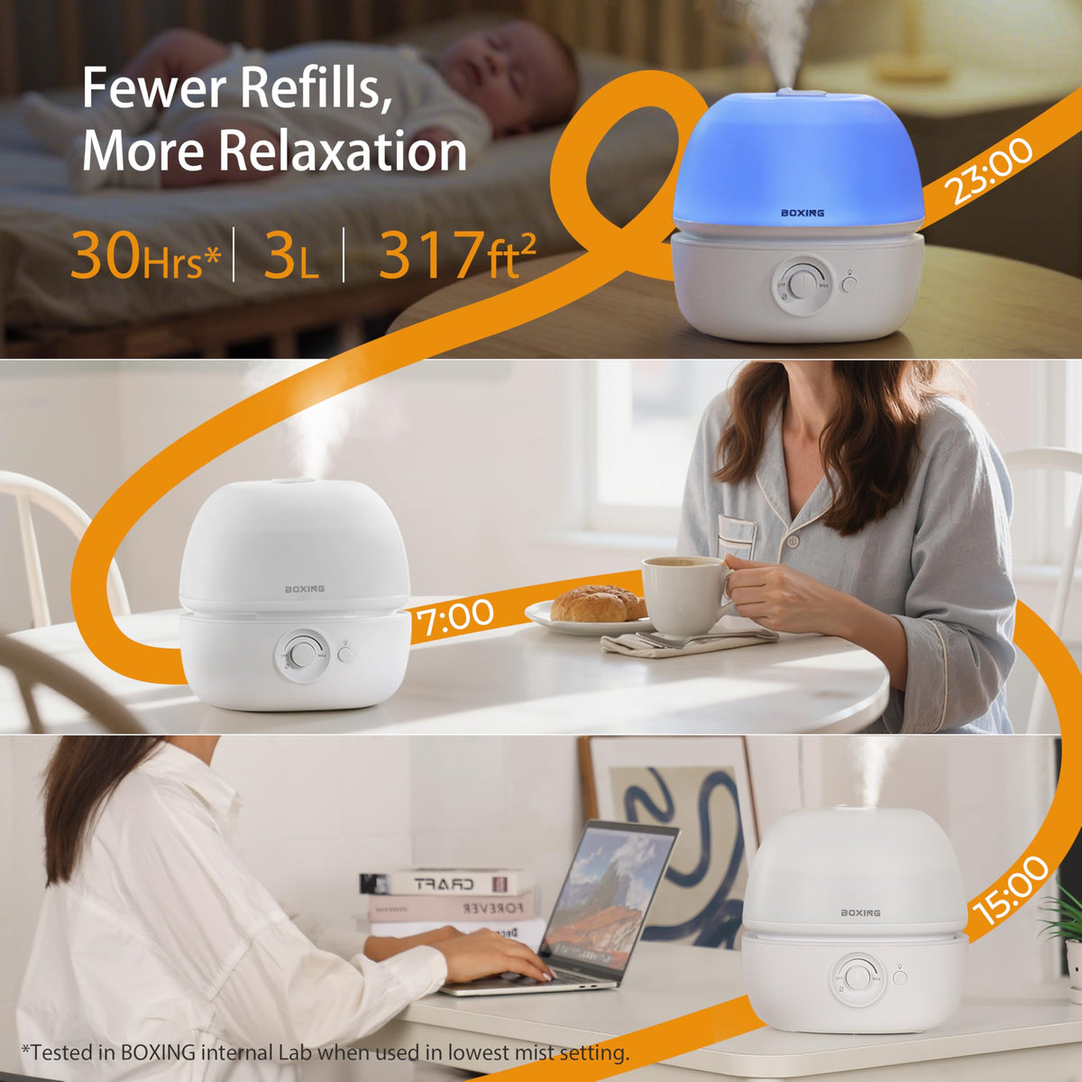 BOXING 3L Top Fill Humidifiers for Bedroom Baby, 20dB Quiet Air Humidifier for Large Room & Indoor Plants with Optional Night Light, Cool Mist Diffuser for Home, Essential Oil Tray, BPA-Free,White,30H