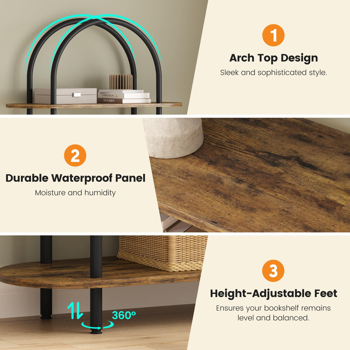MilleLoom 71" Arched Bookshelf, 5 Tier Freestanding Open Bookcase with Sturdy Metal Frame, Modern Display Rack and Plant Shelf for Bedroom, Living Room, Home Office, Black and Retro