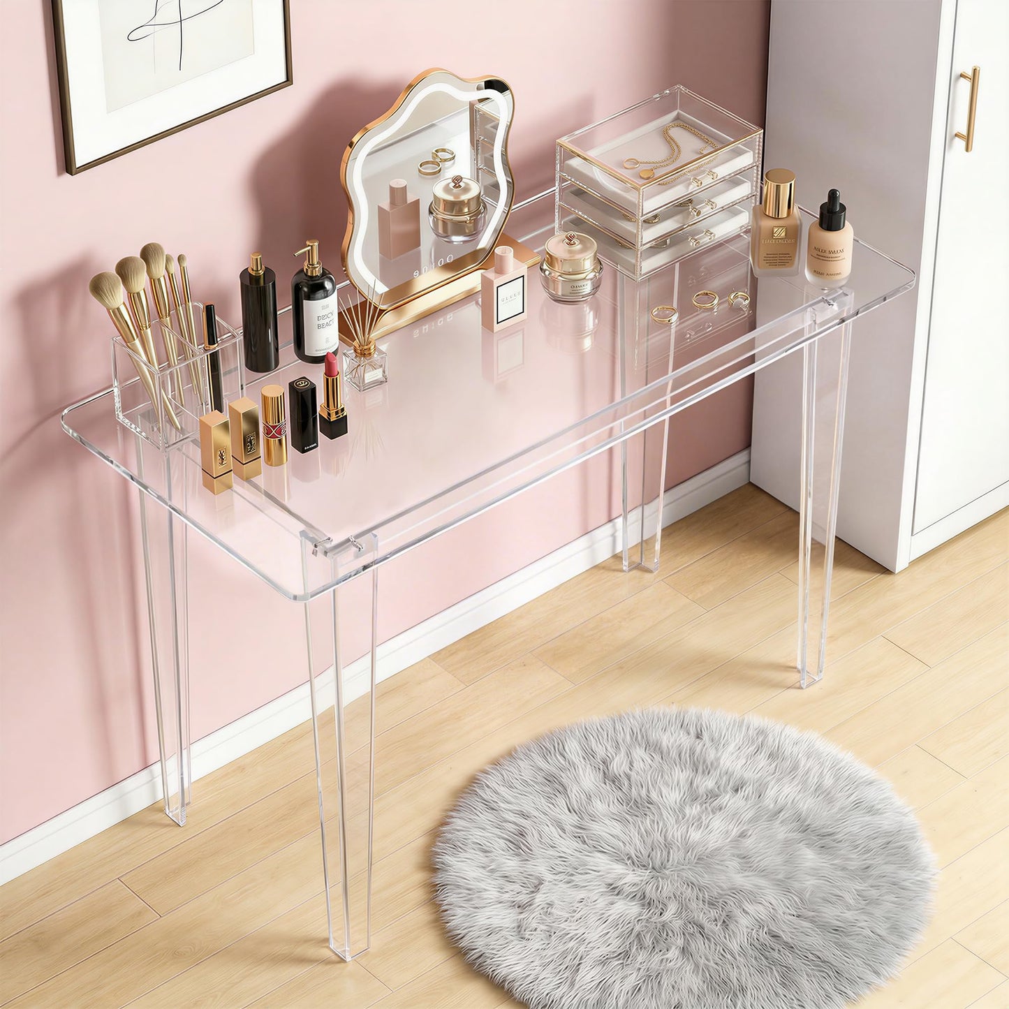 Acryve Acrylic Desk - Clear Acrylic Table, Modern Home Office Study Table, Extended Surface Multi-Purpose Console, Sturdy Lightweight Workstation for Small Spaces (Transparent-L)