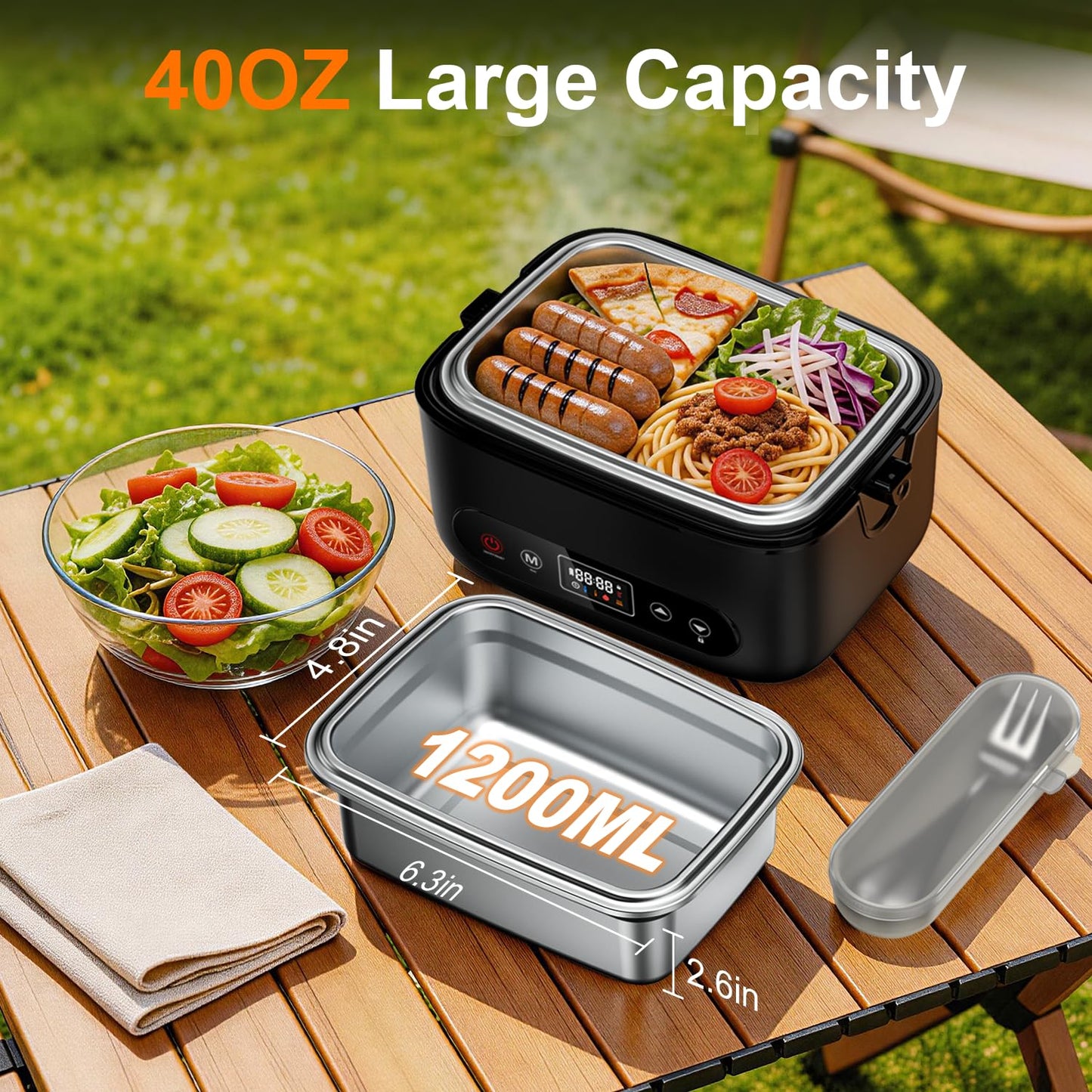 Cosy Life Cordless Electric Lunch Box with 24000mAh Long-Lasting Battery, 1.2L 304 Stainless Steel Food Warmer & Insulated Bag for Hot Meals at Office, on Travel & Outdoors