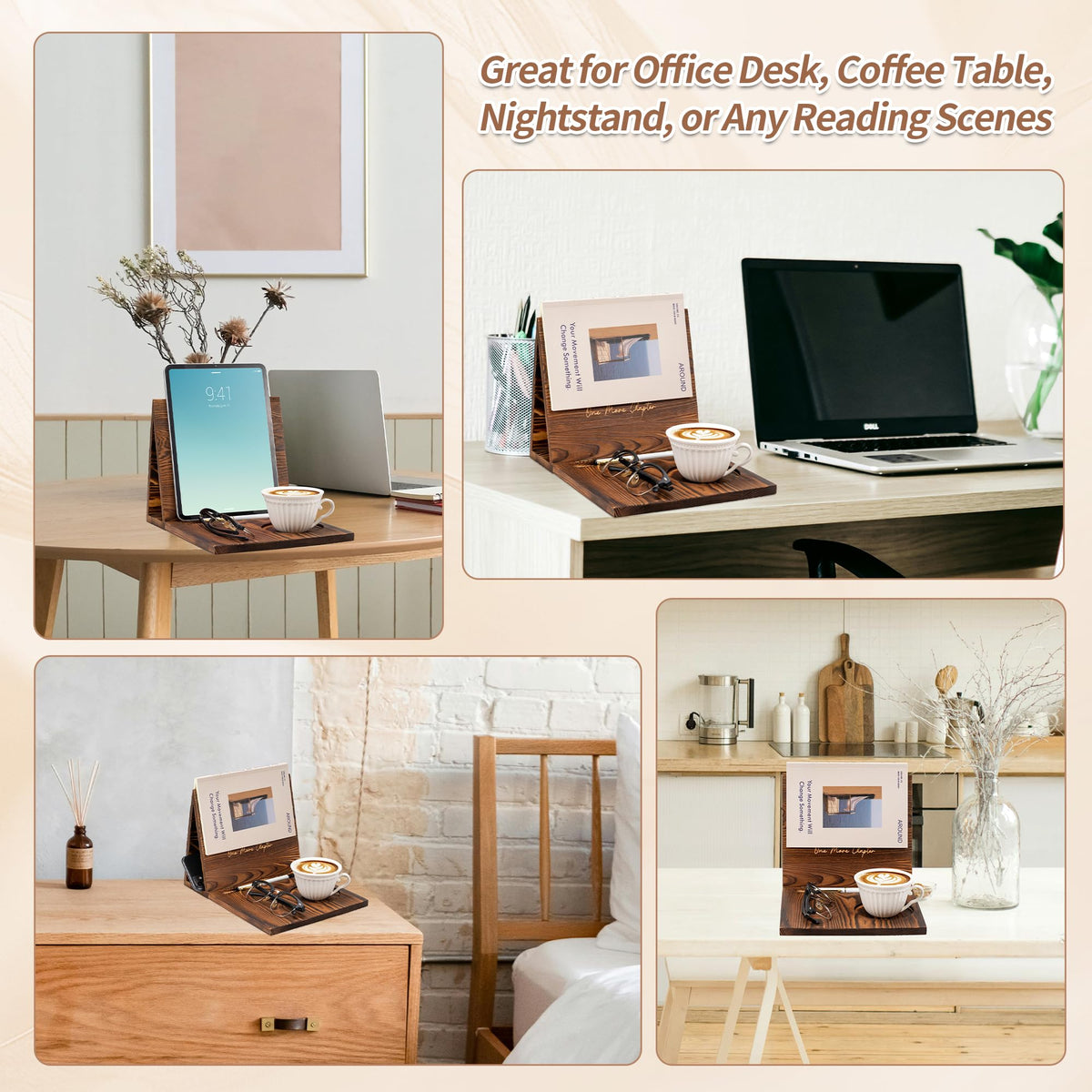 Wooden Book Holder Stand for Page Rest Nook Reading Valet with Coffee Mug Cup Glasses Pen Ipad Holder for Nightstand Desktop Bedside Birthday Gifts for Book Lovers Readers (Brown)