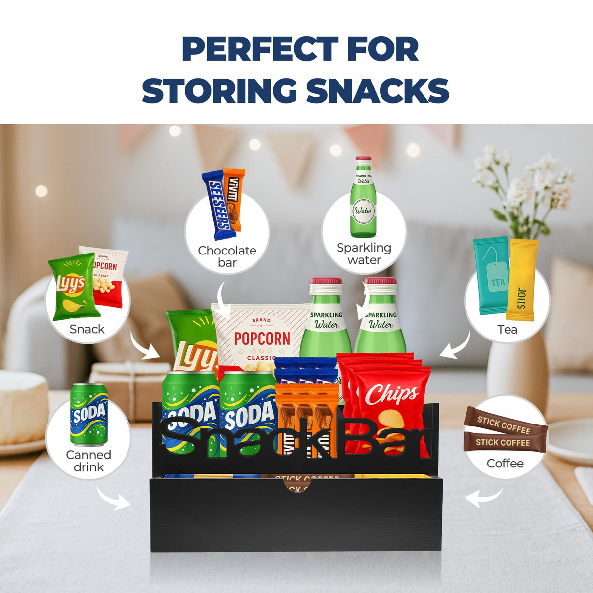 ADDFIT HOUSE Snack Bar Organizer – Black 3 Compartment Station with Drawer, Countertop Pantry Organizer for Kitchen, Office Food Holder, Candy Storage Bin, Display Stand, Cabinet Tray & Shelf