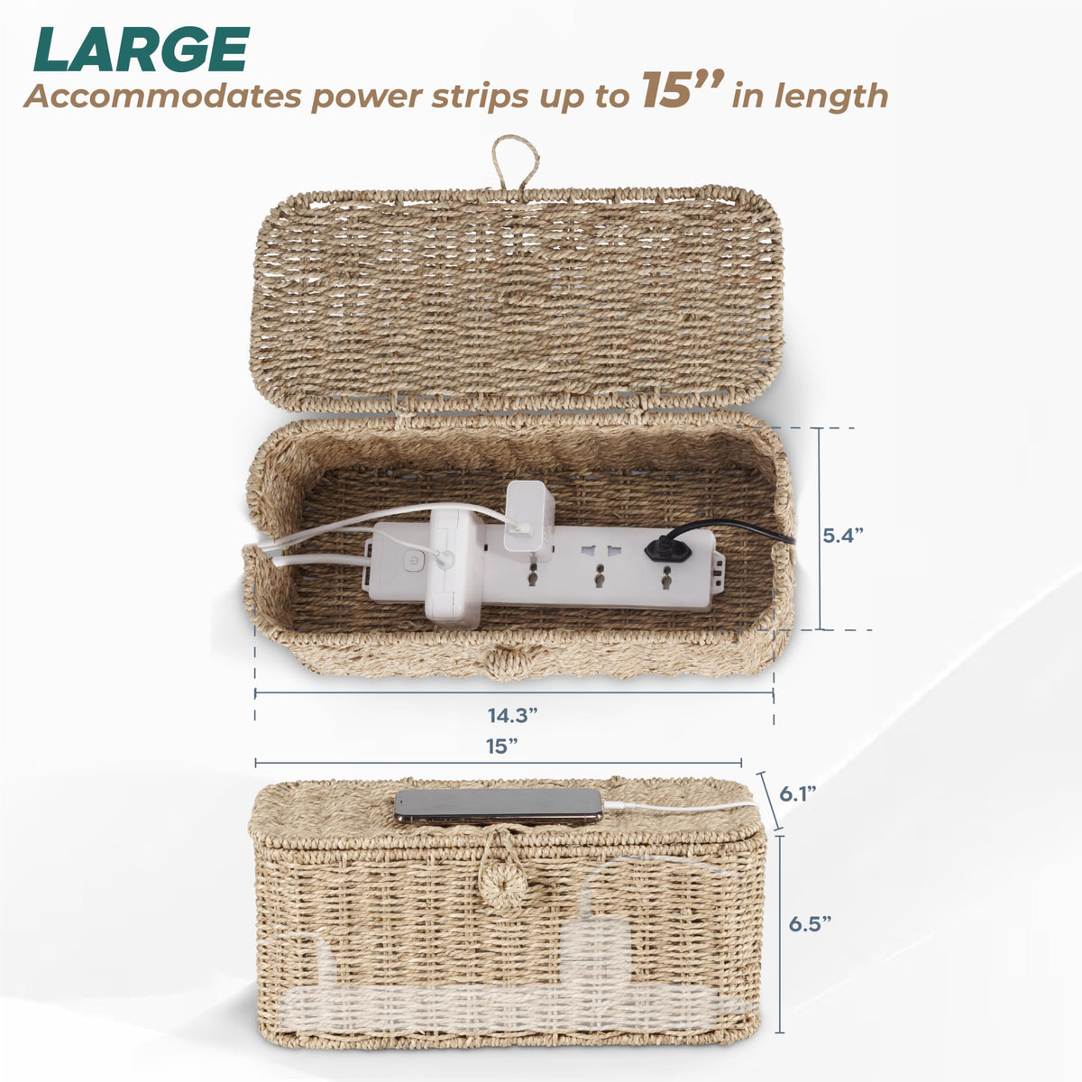 BLUEWEST Large Cable Management Box, Natural Rattan Cable Cord Organizer Boxes for Power Strip – 2 Open Slots Cords Hider Box for TV Wires, Computer, Router, USB Hub and Under Desk Power Strip