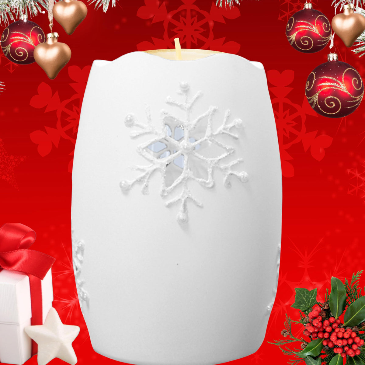 Lighted Snowflake Candle Holder – White Frosted Glass Christmas Decoration, 5" H x 3.5" D Winter Snowflake Table Décor, LED Holiday Candle Holder for Mantel, Shelf, Centerpiece Home Accent Gift