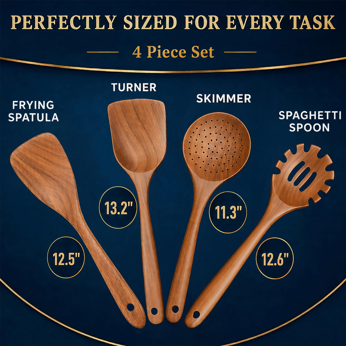 Extra-Large 4-Piece Teak Wooden Utensil Set – Non-Stick Wooden Spatula for Cooking, Skimmer Spoon & Spaghetti Spoon – Non Toxic Cooking Utensils