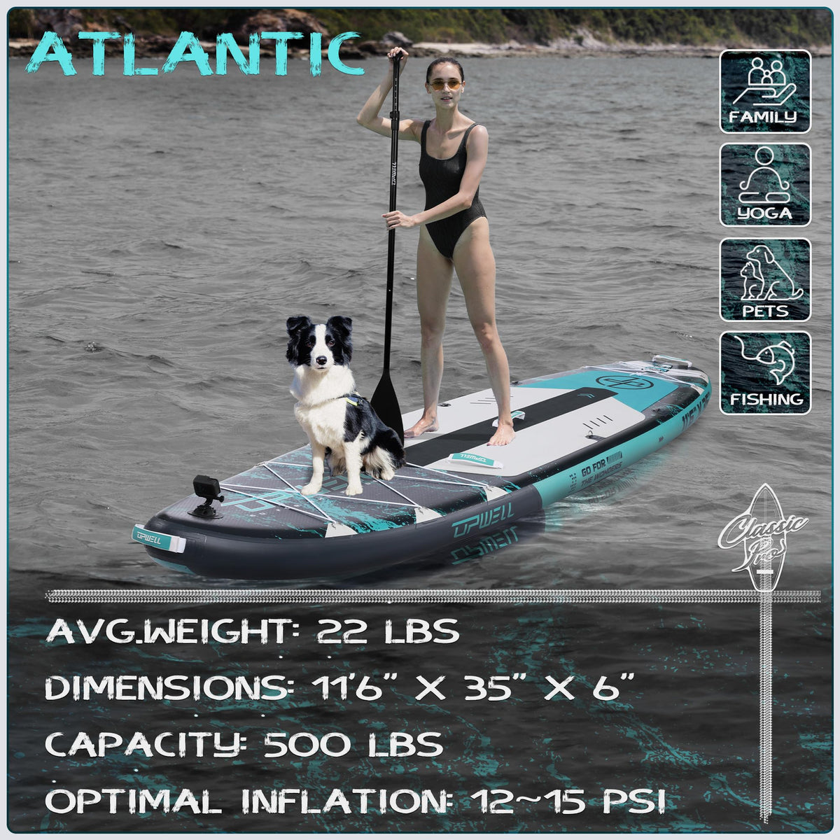 UPWELL 11'6"×35" Extra Wide Inflatable Paddle Board, Stand Up Paddle Board, Sup Paddle Boards for Adults, Atlantic