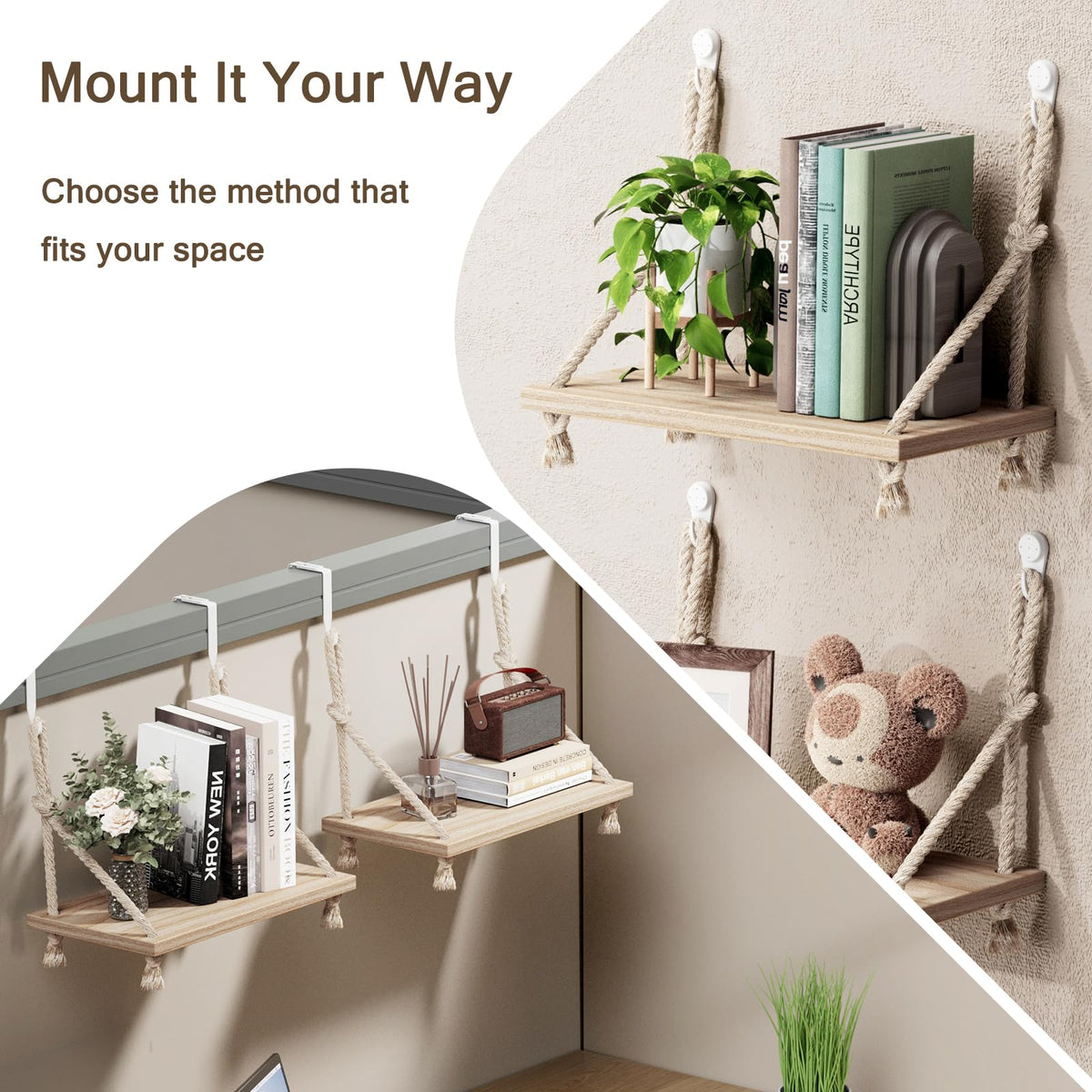 2 Pack Fabric Wall Cubicle Shelf, 11.8" Wooden Hanging Cubicle Shelf Organizer with Hooks, Dual Mounting Options, Cotton Rope Storage Shelf, No-Drill Boho Style for Office Cubicles & Desk Decor
