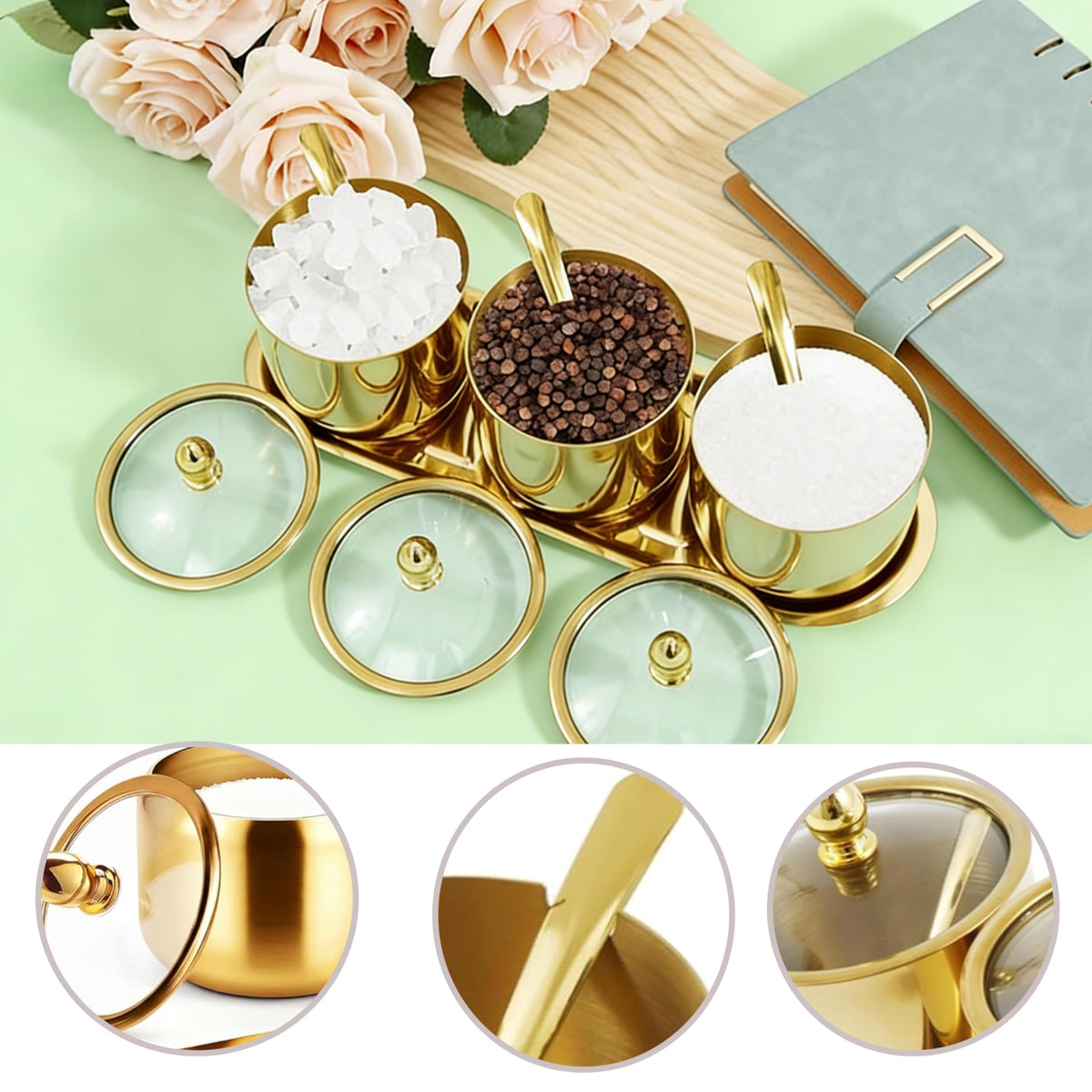 HMDIUM Sugar Bowl Set - 3 Grid Condiment Jars with Glass Lids & Spoon Stainless Steel Canisters with Tray for Sugar, Spice, Salt - Stylish Kitchen Storage Containers
