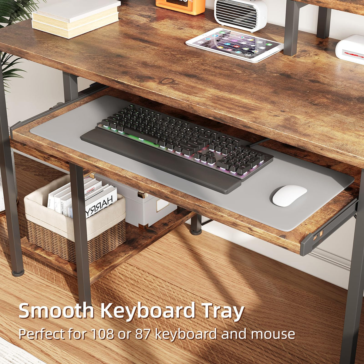VERMESS 48Inch Computer Desk, Home Office Desks with Keyboard Tray, Gaming Desk with CPU Stand Shelf,Industrial Study Table Wide Writing Desk with Storage Shelves for 2 Monitors, Rustic Brown