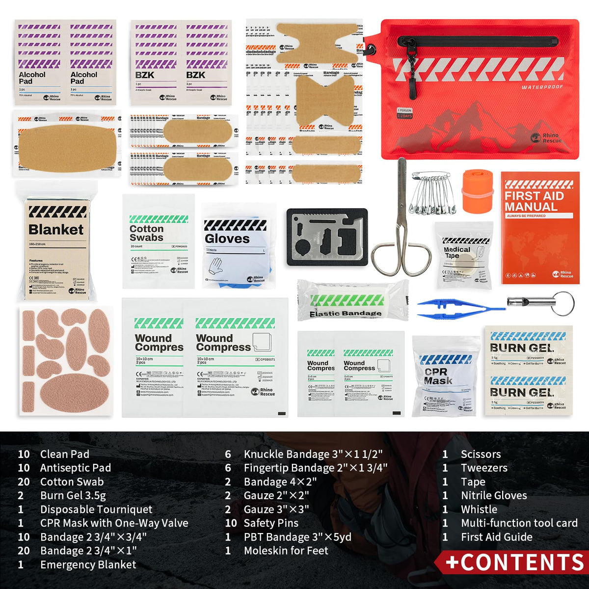RHINO RESCUE Small First Aid Kit Ultralight Waterproof Medical Kit for Hiking, Backpacking, Cycling, Travel, Vehicles, 114pc