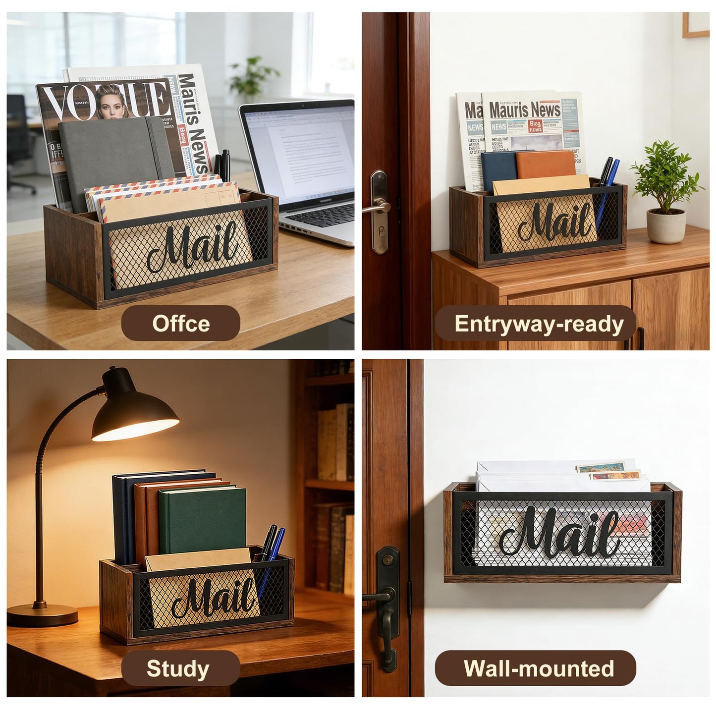 Mail Organizer Countertop, Rustic Farmhouse 2-Slot Wood & Iron Mail Holder, Retro Wall Mounted or Desk Entryway Letter Bill Envelope Sorter, No Assembly