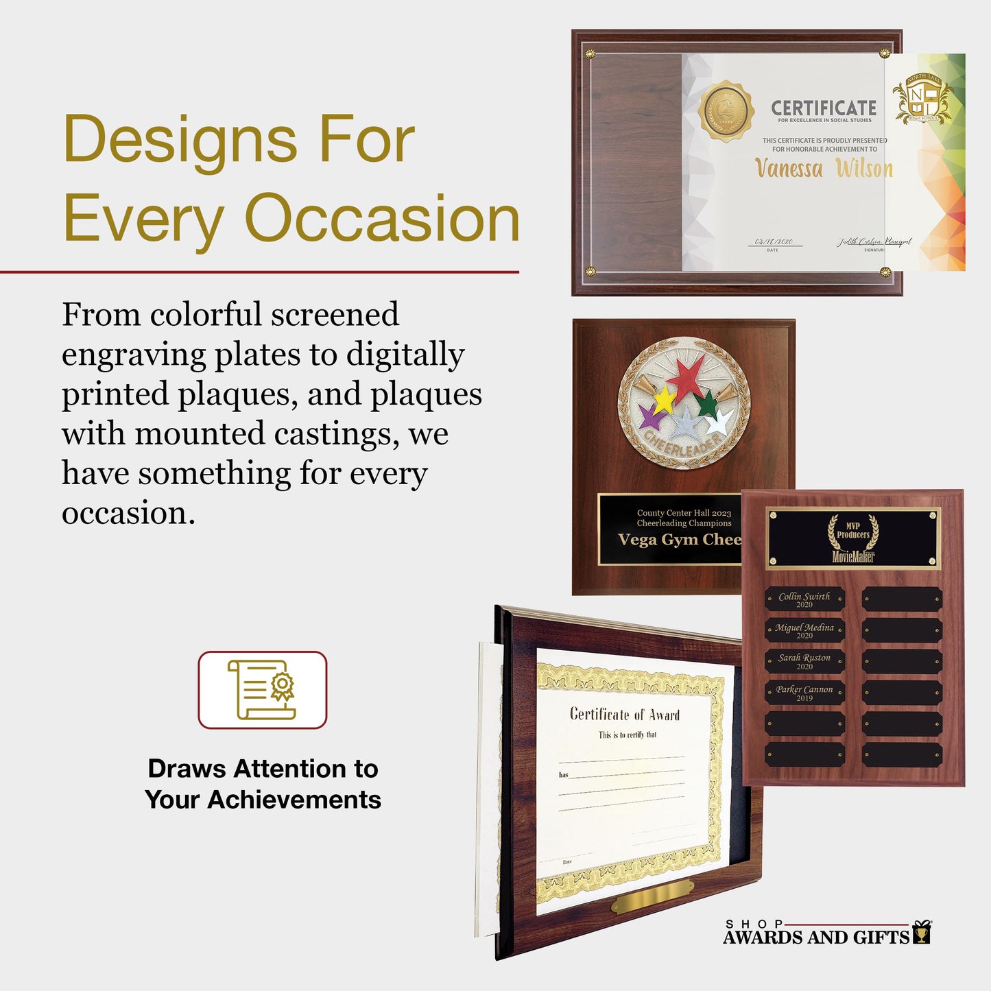 SHOP AWARDS AND GIFTS 12 x 16 Inch Perpetual Plaque Award Multiple Name Plate Board for Employee Appreciation, Recognition, Achievement, Walnut Finish with Black and Gold Header, 24 Name Plates
