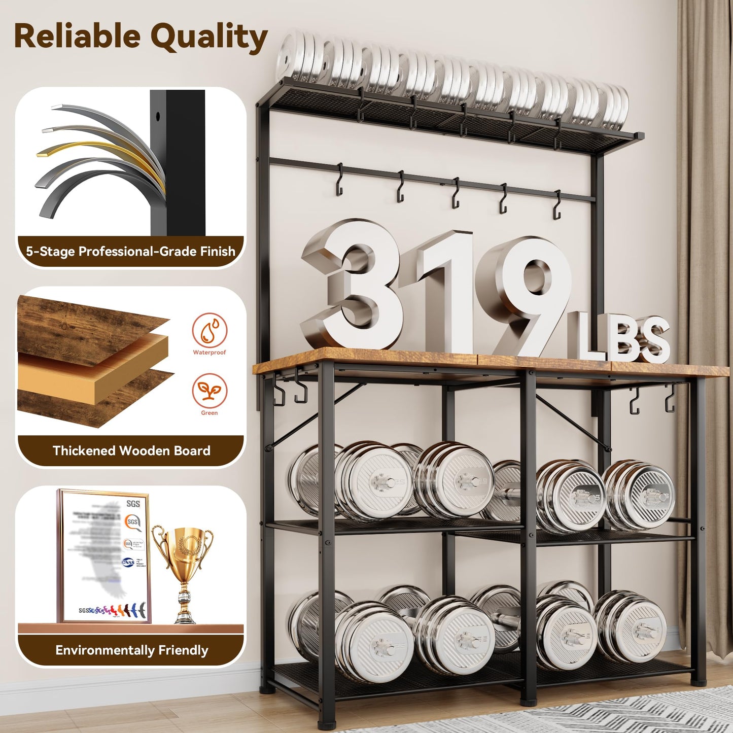 YASONIC Coffee Bar, Bakers Rack with Storage, 34.3 Inches Microwave Stand, 4 Tier Kitchen Shelves Appliance Storage, 14 S Hooks Large Coffee Station for Spices, Pots and Pans, Rustic Brown