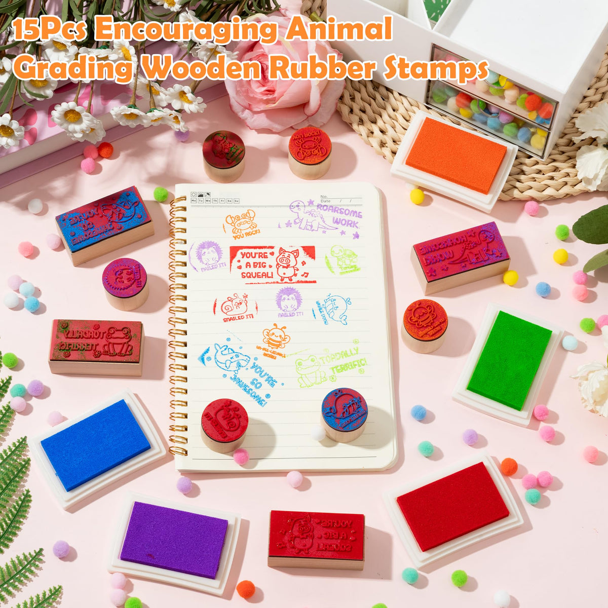 CJiangpo 15Pcs Teacher Wooden Rubber Stamps Set Cute Animal Encouraging Messages Stamps Ink Pads Teaching Print for Classroom Grading Homework Test Motivation Teacher Supplies Students Behavior Reward