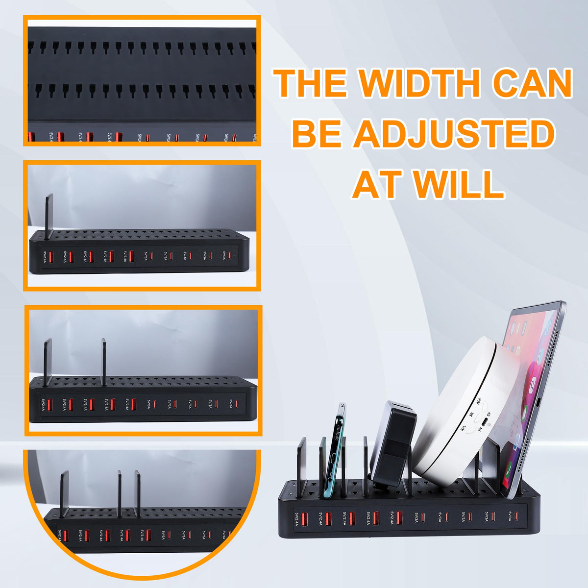 Haioulun 100W 10-Port Smart Charging Station | 5 USB-A & 5 USB-C Ports | Organized Design for Cellphones, Tablets, Watches & More (Black)