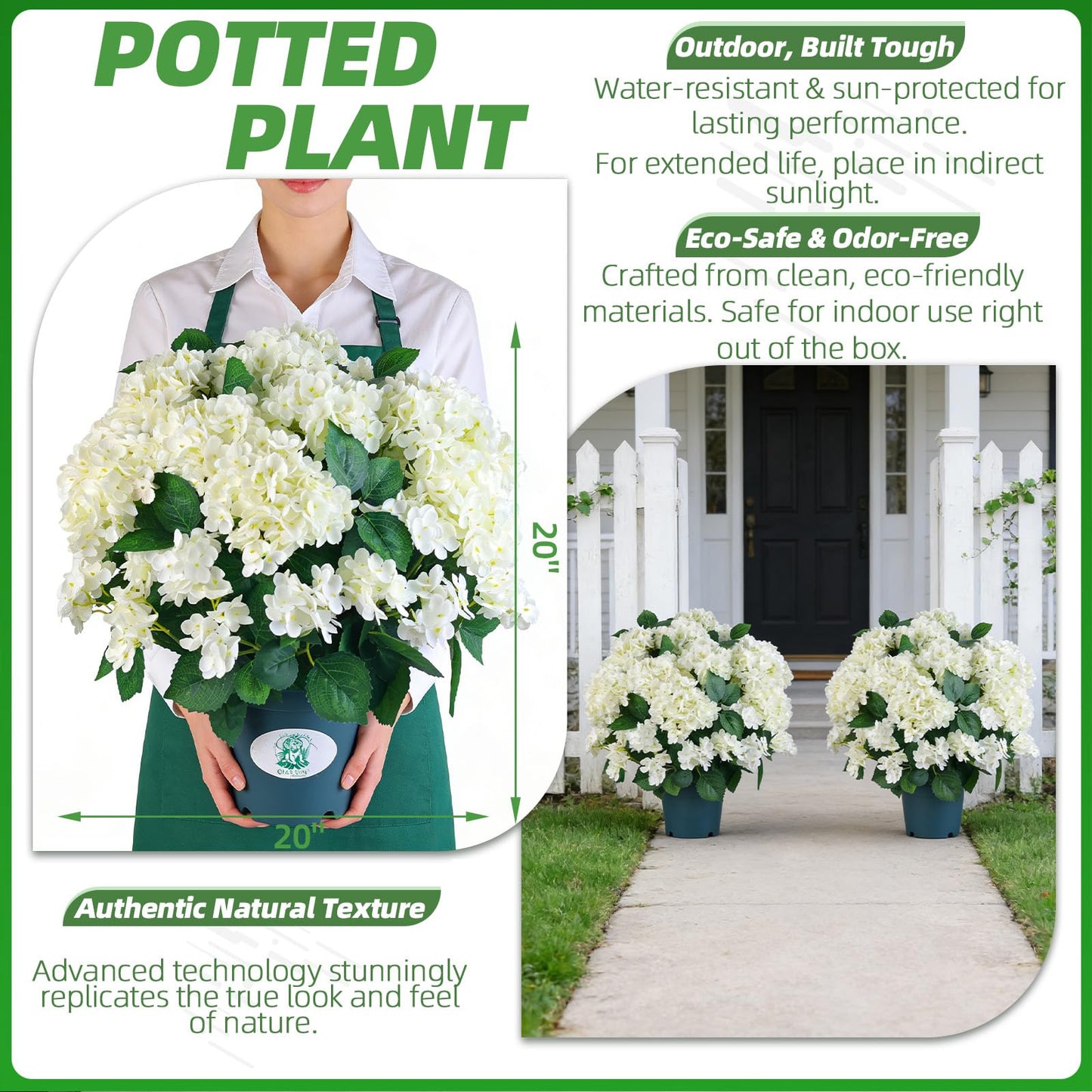 QIANYUN Artificial Hydrangea Bush – 20 Inch Potted Faux Hydrangea Plant, UV Resistant Outdoor Hydrangea Artificial Plants for Front Porch, Garden, Patio & Indoor Decor