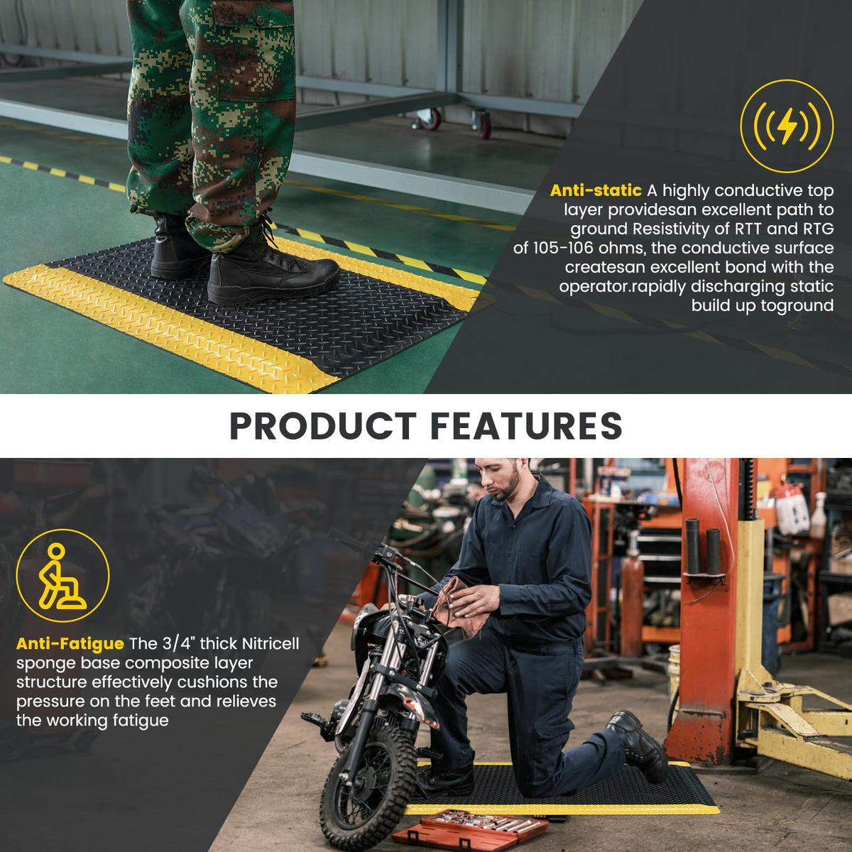 2' x 3' ESD Anti-Fatigue Conductive Mat, Durable Heavy Duty Diamond Plate, Non Slip Waterproof Floor Mats for Commercial&Industrial Work, Thick 3/4” with Yellow Border