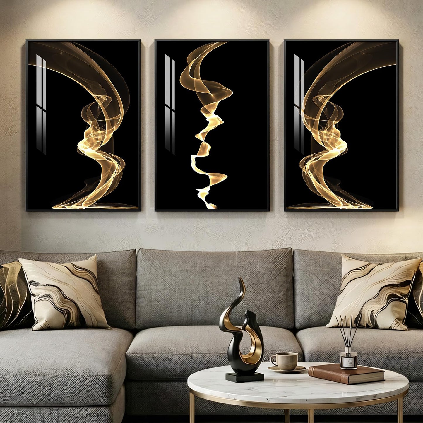 3 Piece Large Framed Abstract Wall Art for Living Room, Black and Gold Modern Artwork for Walls, Contemporary Luxury Bright Style Pictures Prints Paintings for Hallway Office Wall Decor 24x36 Inch