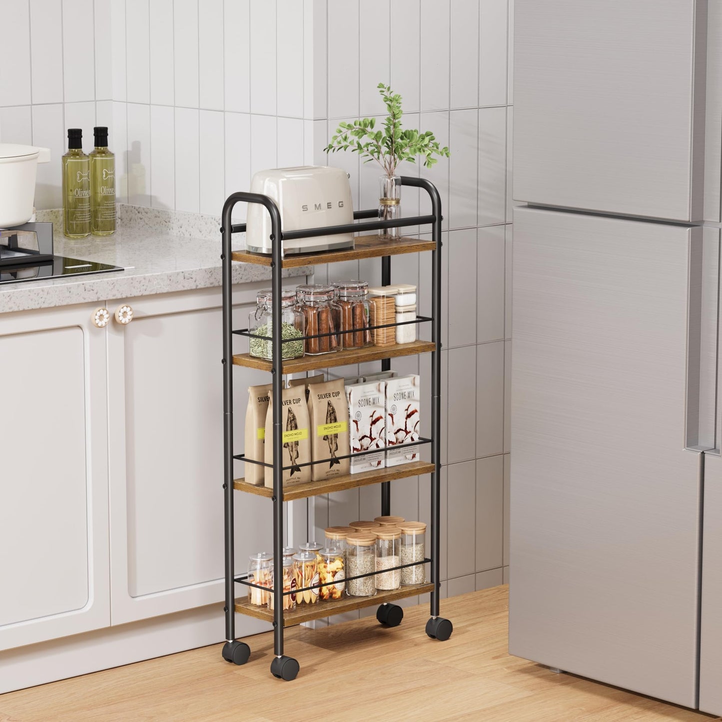 Asgolion Slim Storage Cart, 4-Tier Small Rolling Cart with Wheels, 5.9" Deep, Narrow Bathroom Shelf Trolley for Kitchen, Bathroom, Laundry Room, Rustic Brown Standard 4-Tier (5.9" W x 33.6" H)