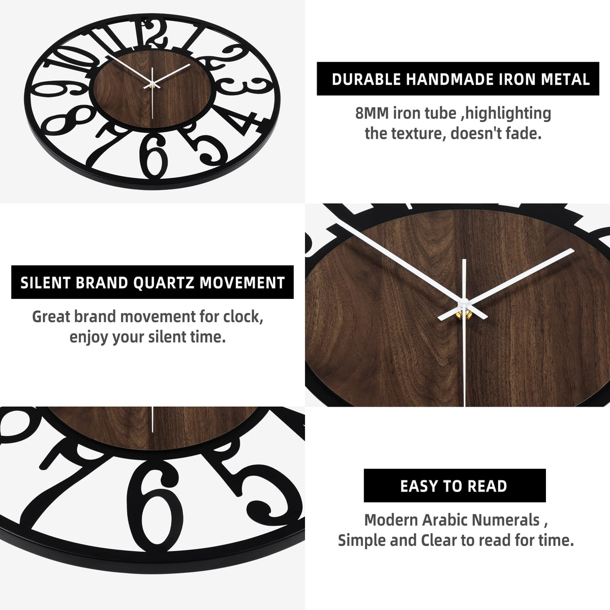 LEIKE Large LED Wall Clocks,Silent,Non Ticking,Battery Operated Rustic Round Modern Big Wood Wall Clock for Living Room, Bedroom,Kitchen,Farmhouse,Office,Home Decor -24" Black,LED,Arabic Number