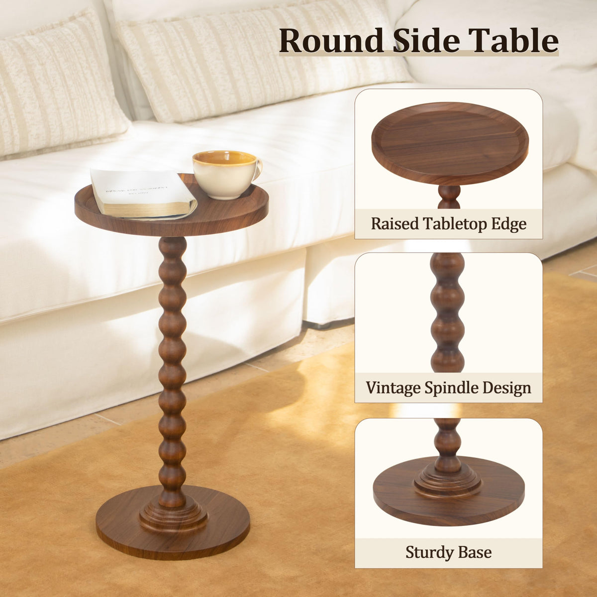 AWASEN Small Side Table, Round Drink Table for Small Spaces, Round Accent End Table Living Room, Nightstand for Bedroom, Corners, Office, Walnut Brown