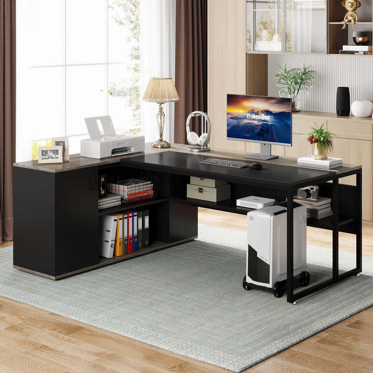 Tribesigns 71 inch Executive Desk, L Shaped Desk with Cabinet Storage, Executive Office Table with Shelves, Business Furniture Set Workstation for Home Office, Gray