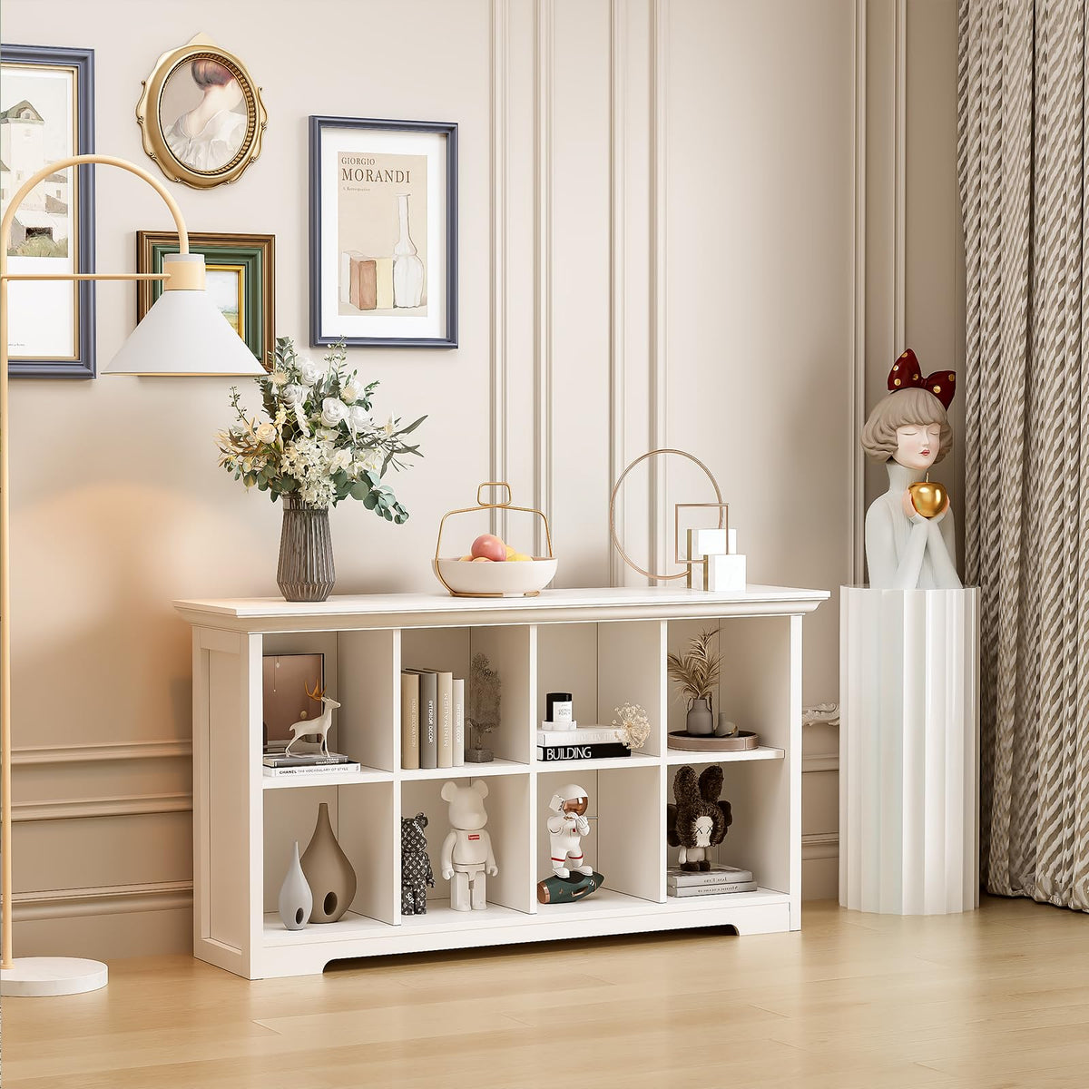 OSCHF Cube Shelf Bookcase with Base - Wooden 2 Tiers Floor Standing Low Storage Cabinet for Home and Office, 8-Cube Lattice Bookshelf, Warm White