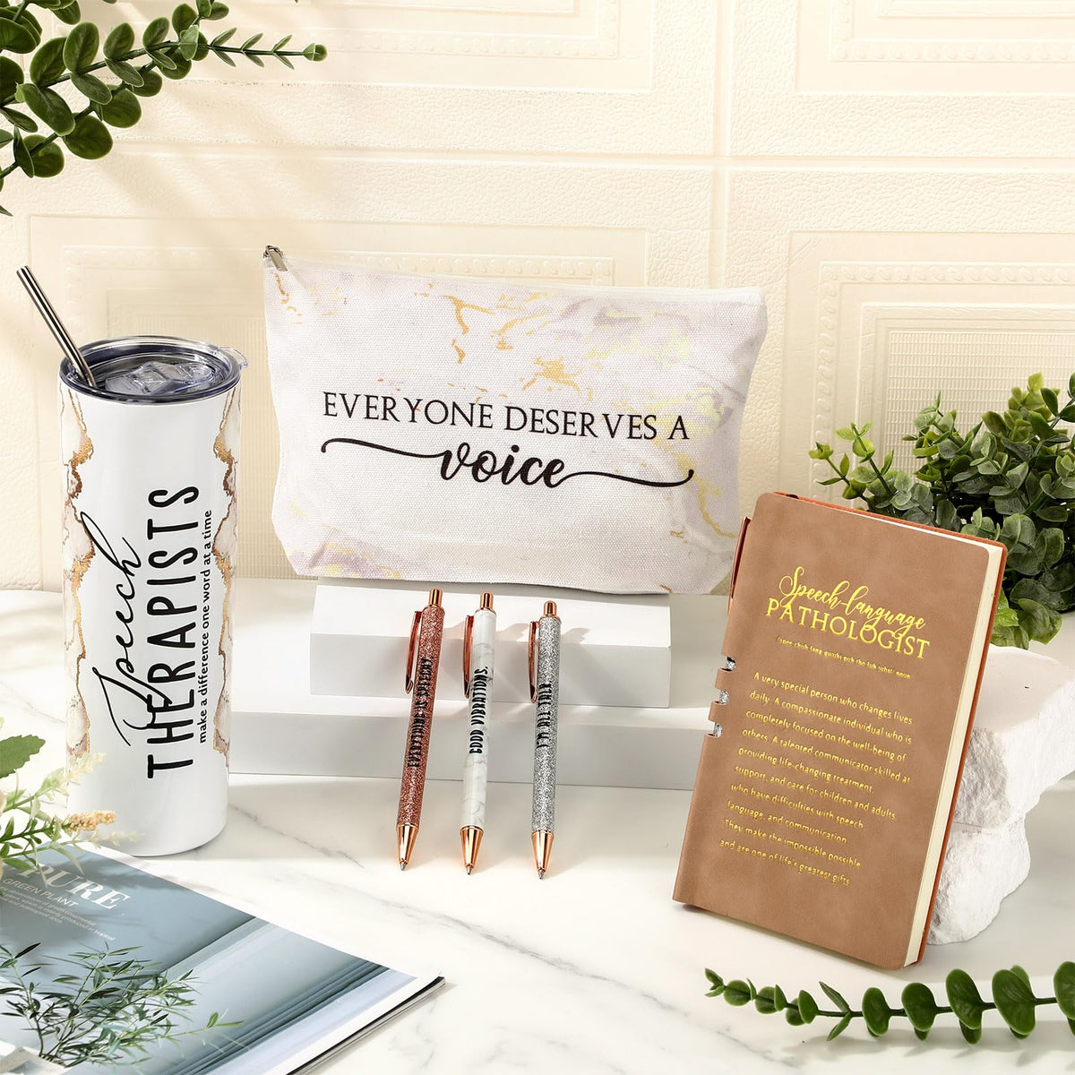 RimCereal 6 Pcs Speech Therapy Gifts Slp Gift for Speech Language Pathologist 20 oz Tumbler Makeup Bag A6 Notebook Ballpoint Pen Slp Graduation Appreciation Gift for Teacher Therapist Birthday(White)