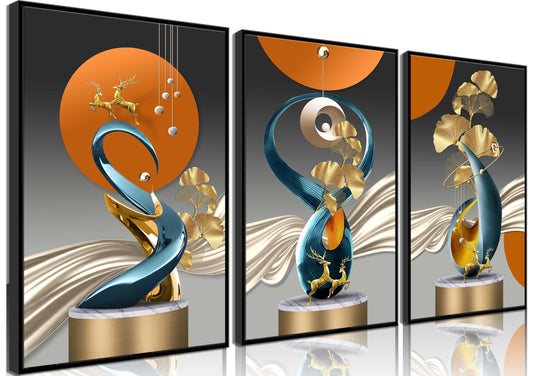 3 Pcs Bright Style Canvas wall Art Golden Deer Luxury Foil Lines Paintings Pictures Modern Abstract White Blue orange color Grey Posters Prints for Living Room Bedroom Office Home Wall Decor Unframed