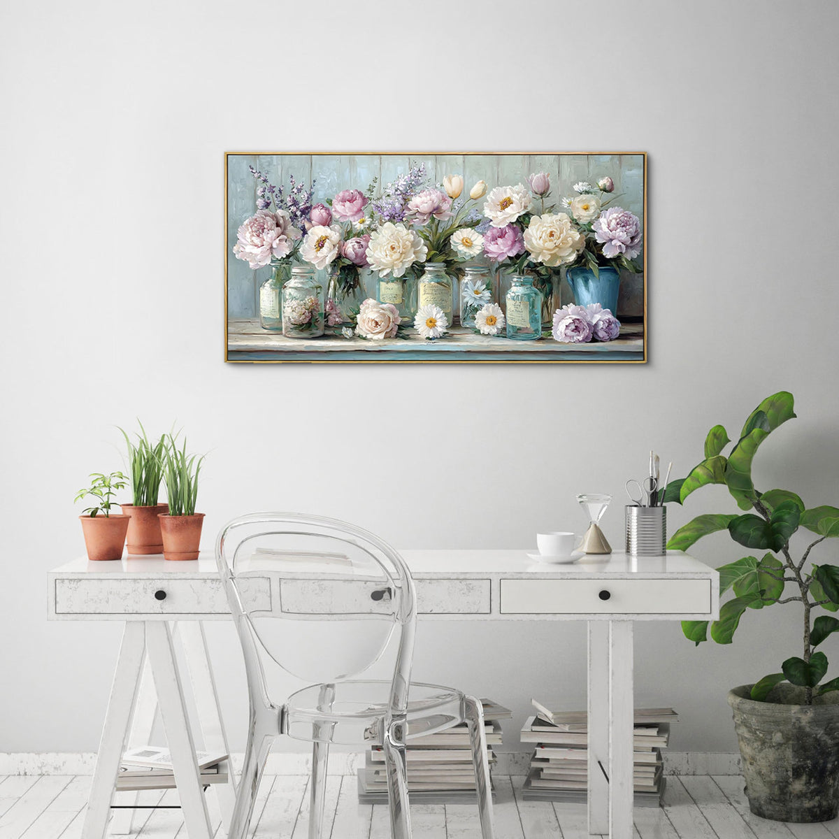 yiijeah 40x20 Inches Poster Frame Wall Art - Purple and White Flower Vase Painting Bright and Fresh Pictures Suitable for Living Room Bedroom Office Home Decoration