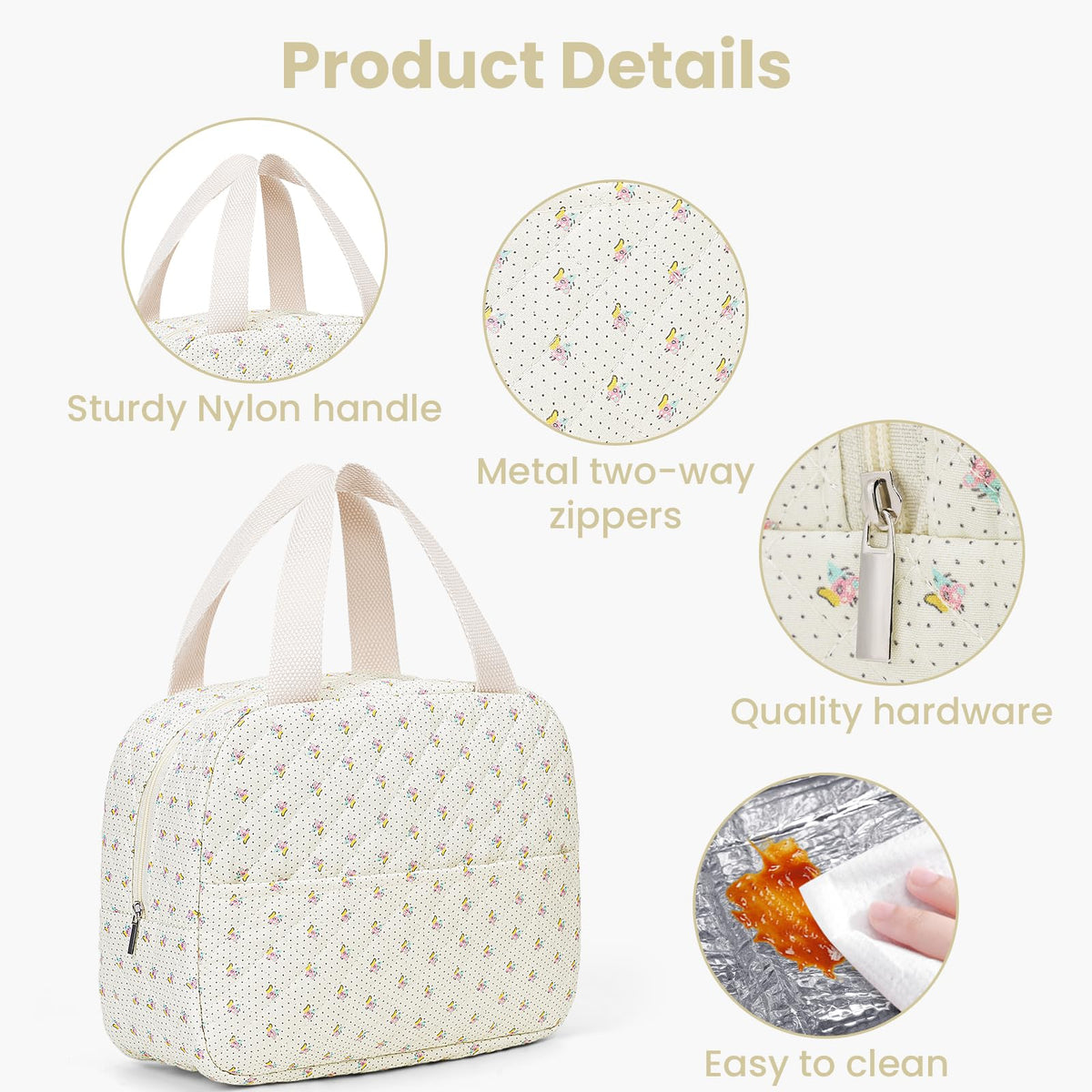 BBIQI Floral Quilted Lunch Bag for Women Cute Lunch Tote Insulated Leakproof Lunch Box Reusable Cooler for Work, Picnic