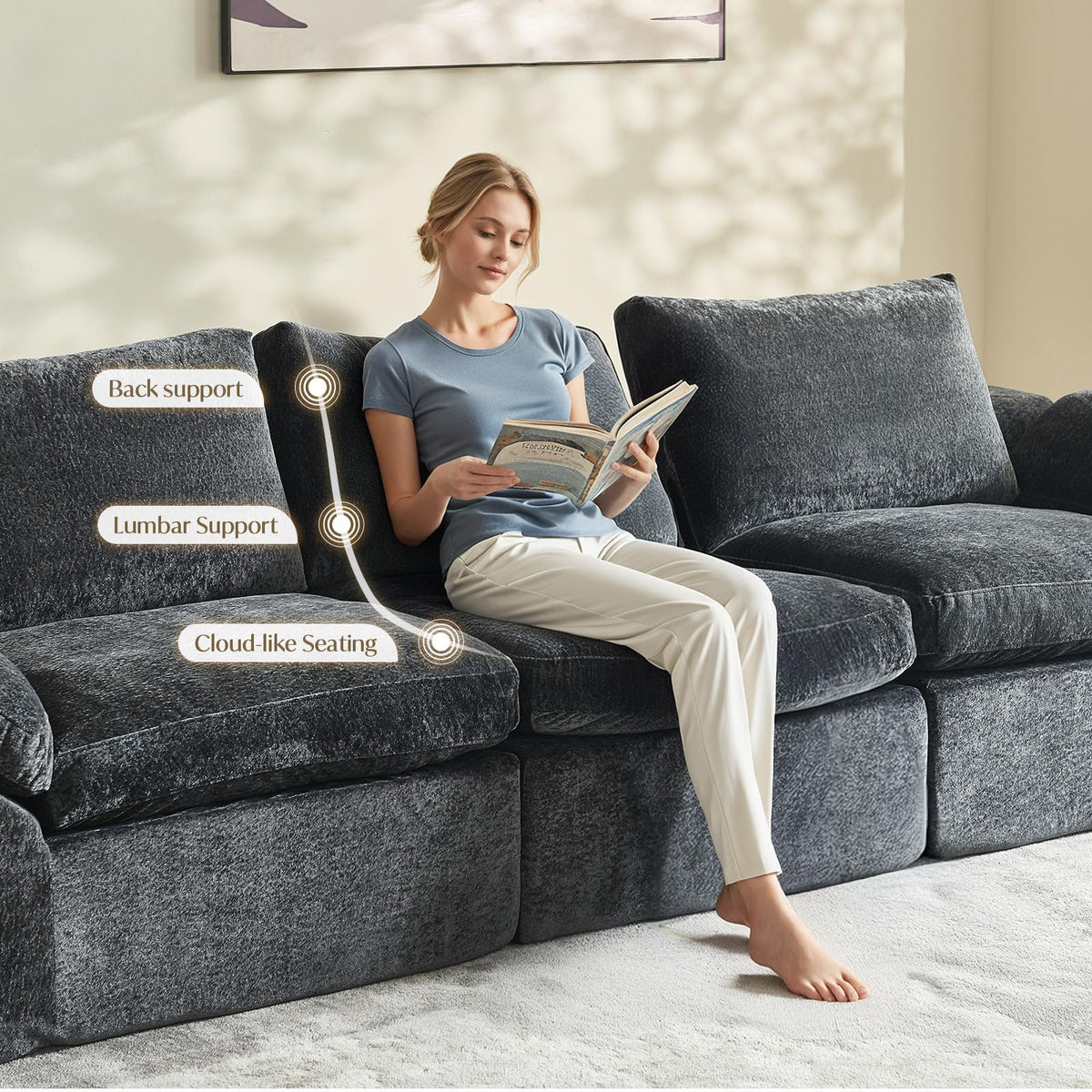 Vamcheer U Shaped Cloud Couch - Utra Soft Modular Sectional Sofa with 2 Movable Ottoman, Deep Seat Boneless Couches for Living Room, Bedroom, Office, No Assembly Required, Grey