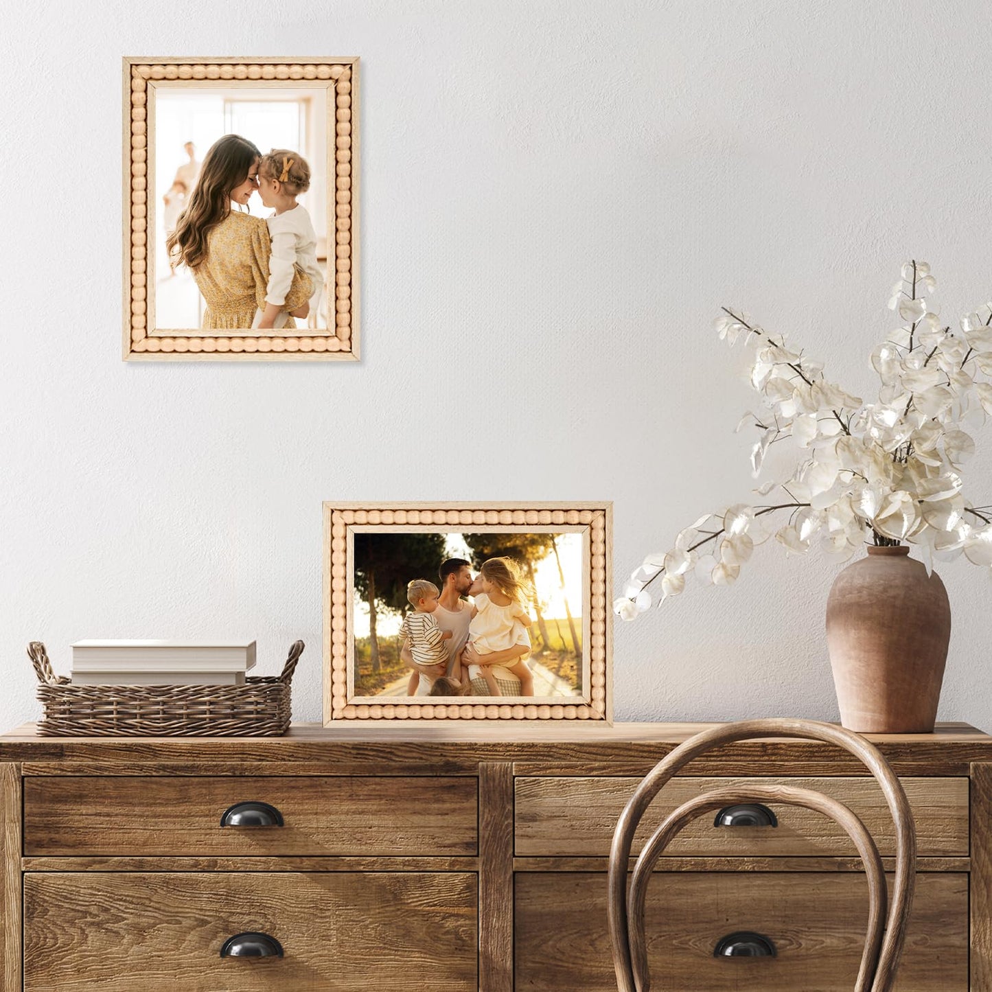 OMISHE Wood 5x7 Picture Frame with Decorative Beads for Wall Decor or Tabletop, Boho Rustic Handcrafted 5 x 7 Frame with Shatter Resitant Plexiglass, Natural