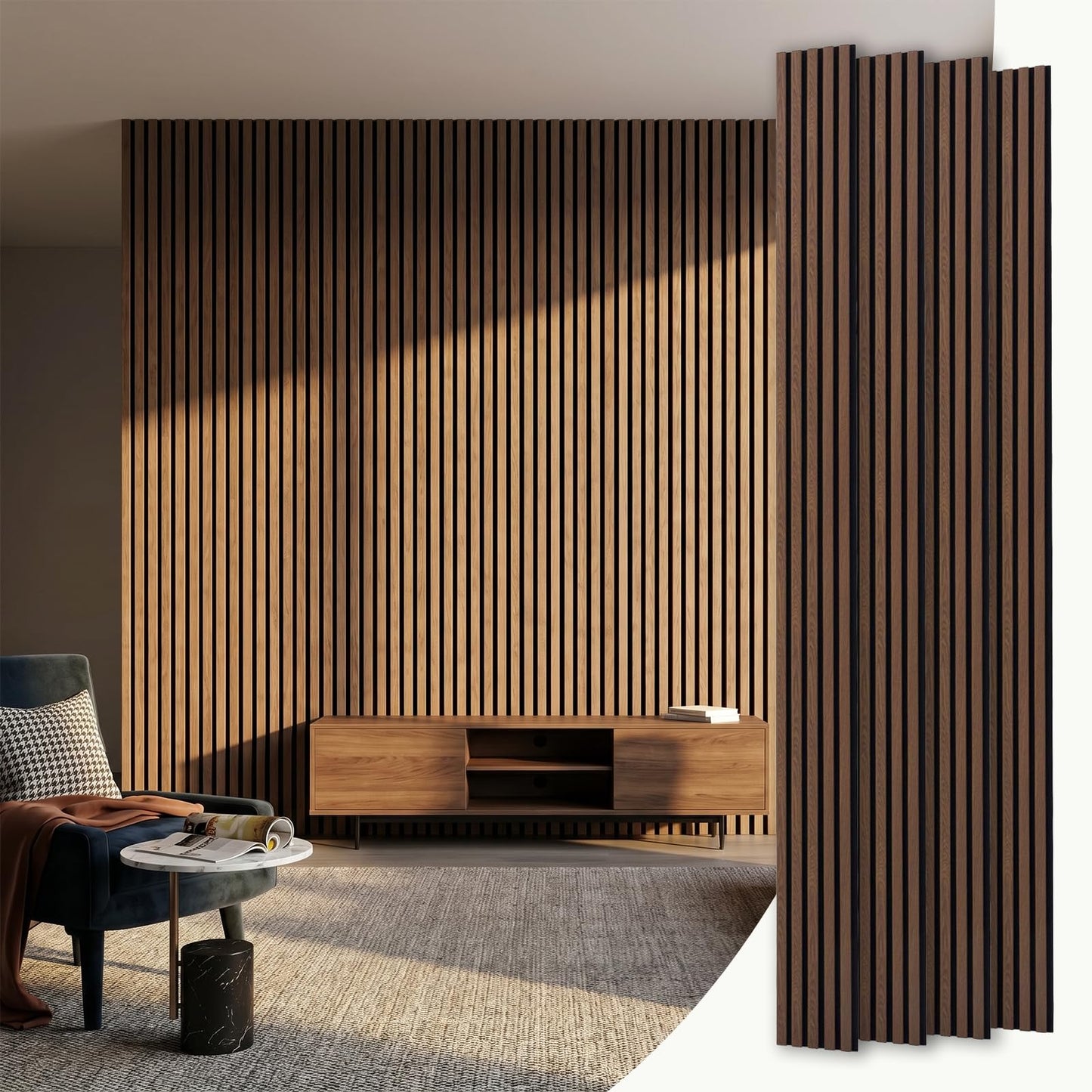 TREKATL AUTO Wood Slat Acoustic Panels, 4 Pack 94.5"x7.9" (21ft²) 3D Wall Panels, Modern Fluted Sound Absorbing Wall Panels for Interior Wall Decor,Office,Home,Theater,Studio,Walnut