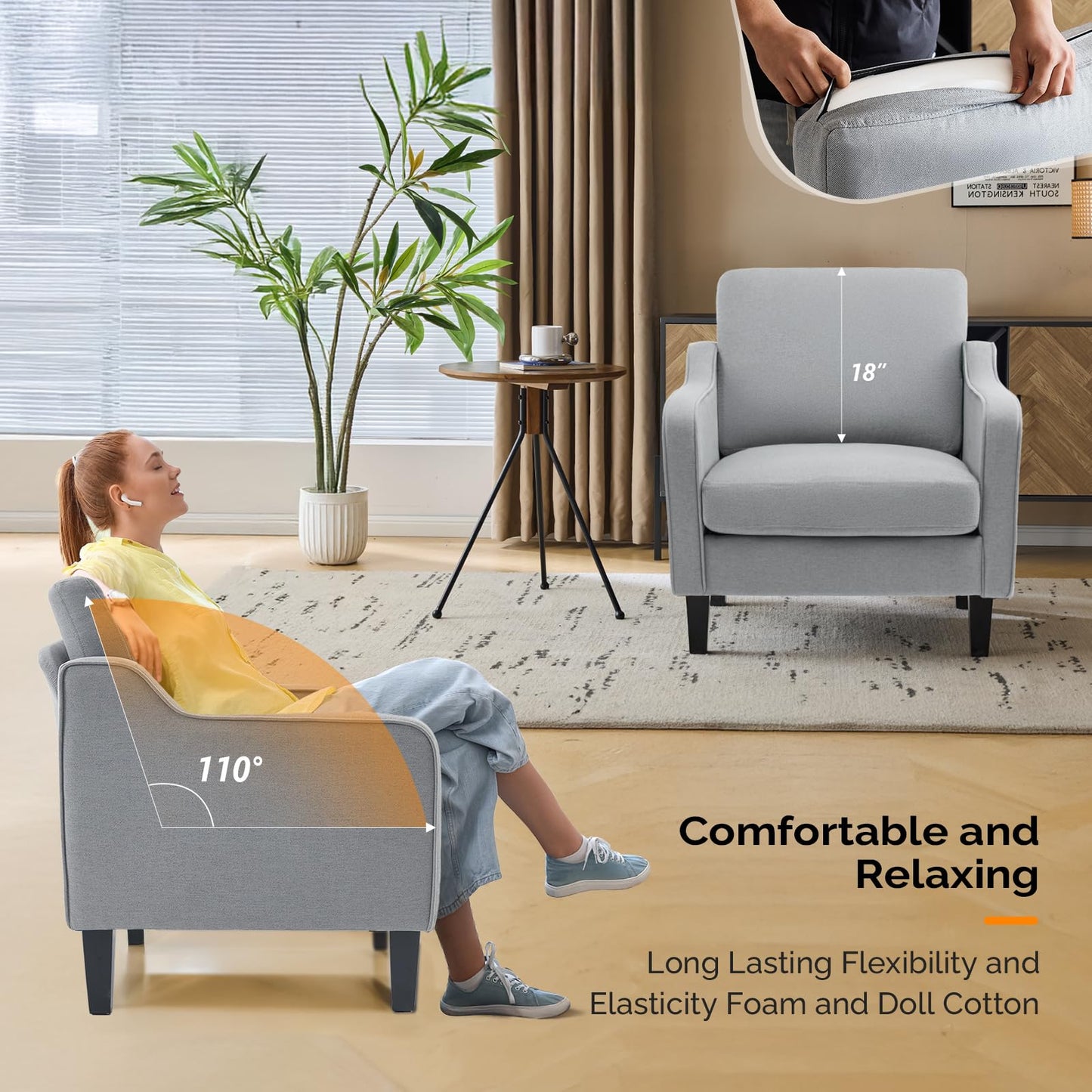 VINGLI Mid Century Modern Accent Chair, Light Grey Fabric Accent Chairs for Living Room Upholstered Armchair with Scooped Arms for Bedroom, Apartment, Studio, Office, Waiting Room