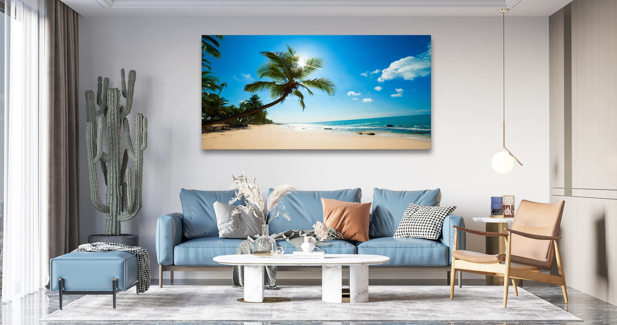 Muolunna X0675 Large Canvas Wall Art Summer Ocean Waves Prints Coconut Trees Beach Seascape Painting Hawaii Sea Nature Pictures Stretched and Framed for Living Room Home Office Wall Decor Artwork, 30x60inch x1pcs